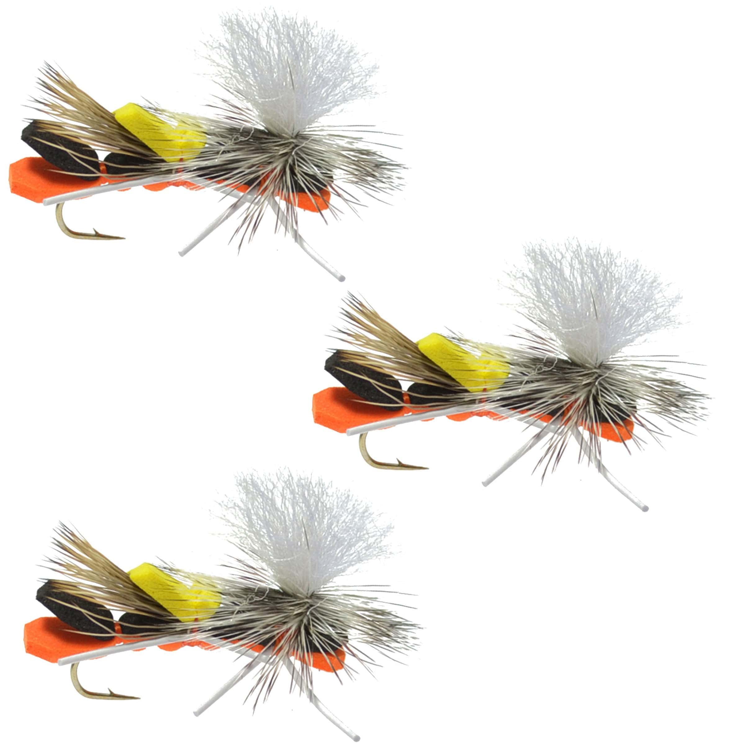 The Fly Fishing Place Trout Dry Flies 3 Pack Parachute Chernobyl Ant Black Orange Foam Body Grasshopper Fly - Hook Size 10