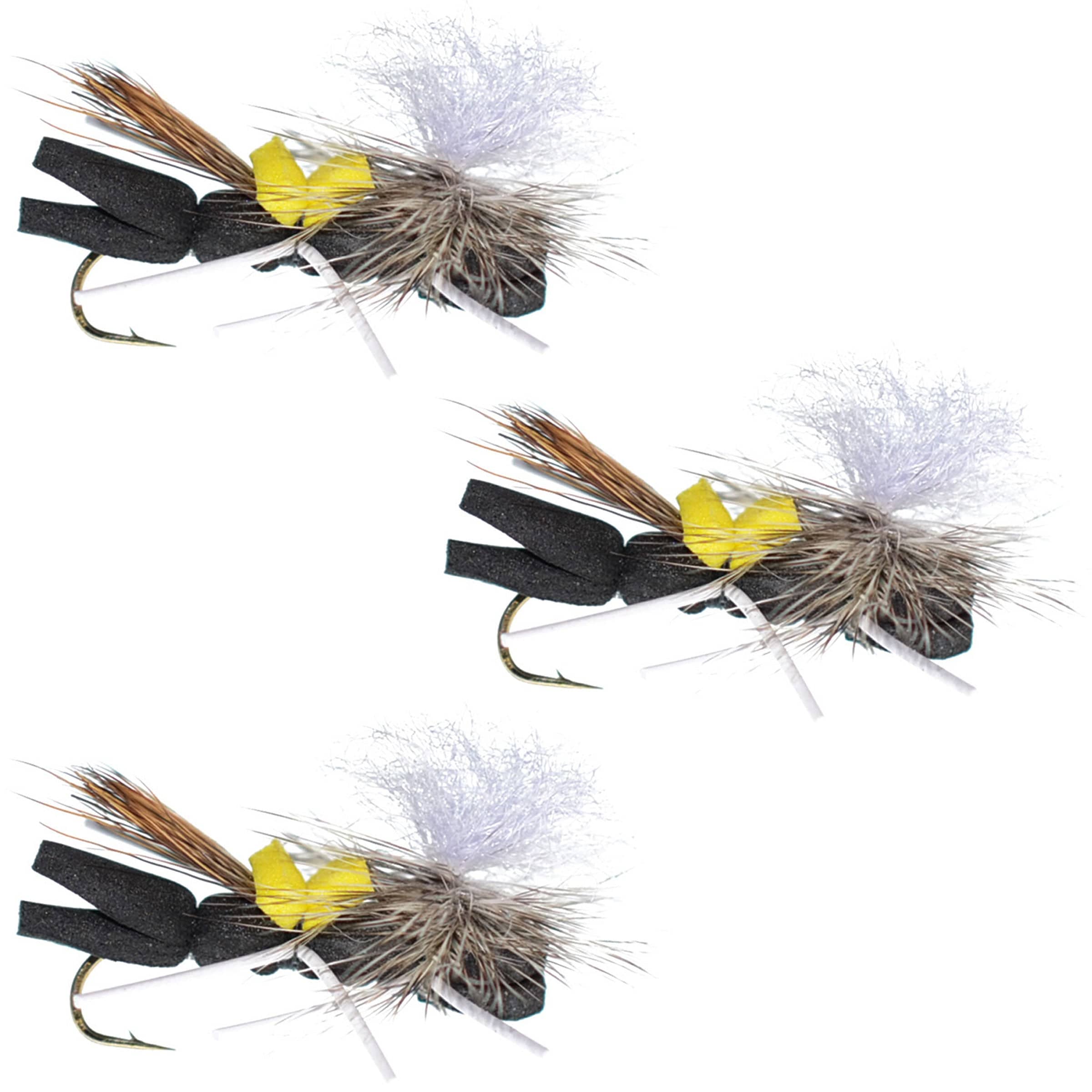 The Fly Fishing Place Trout Dry Flies 3 Pack Parachute Chernobyl Ant Black Yellow Top Foam Body Grasshopper Fly Hook Size 10