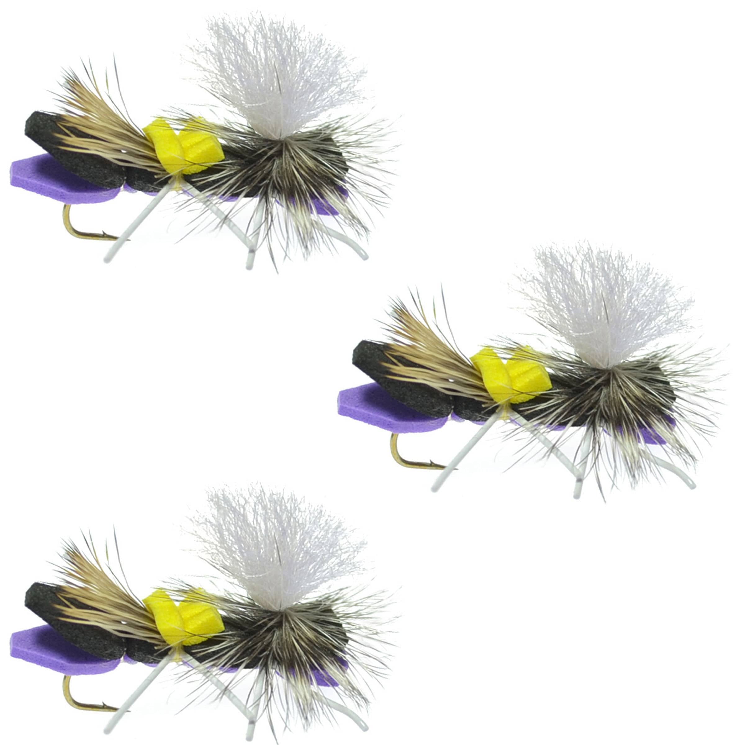 The Fly Fishing Place Trout Dry Flies 3 Pack Parachute Chernobyl Ant Purple Foam Body Grasshopper Fly - Hook Size 10