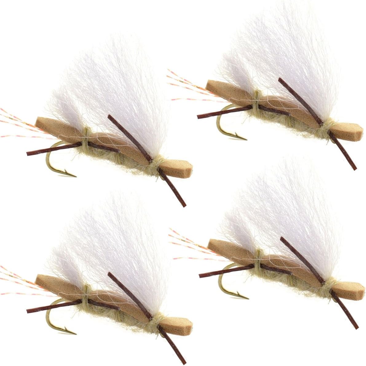 The Fly Fishing Place Trout Dry Flies 4 Pack Chubby Chernobyl Ant Tan Foam Body Grasshopper Fly - Hook Size 10