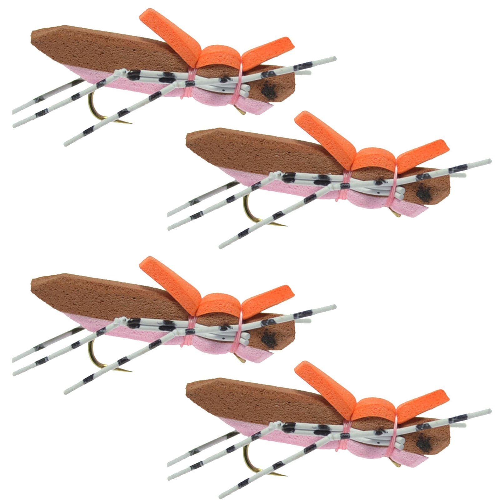 The Fly Fishing Place Trout Dry Flies 4 Pack Moorish Hopper Brown Pink Foam Body Grasshopper Fly - Hook Size 10