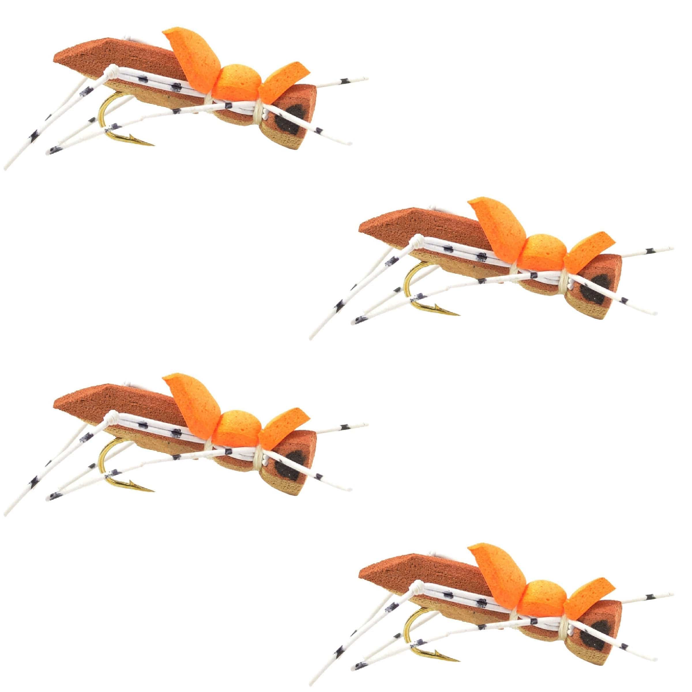 The Fly Fishing Place Trout Dry Flies 4 Pack Moorish Hopper Brown Tan Foam Body Grasshopper Fly - Hook Size 10