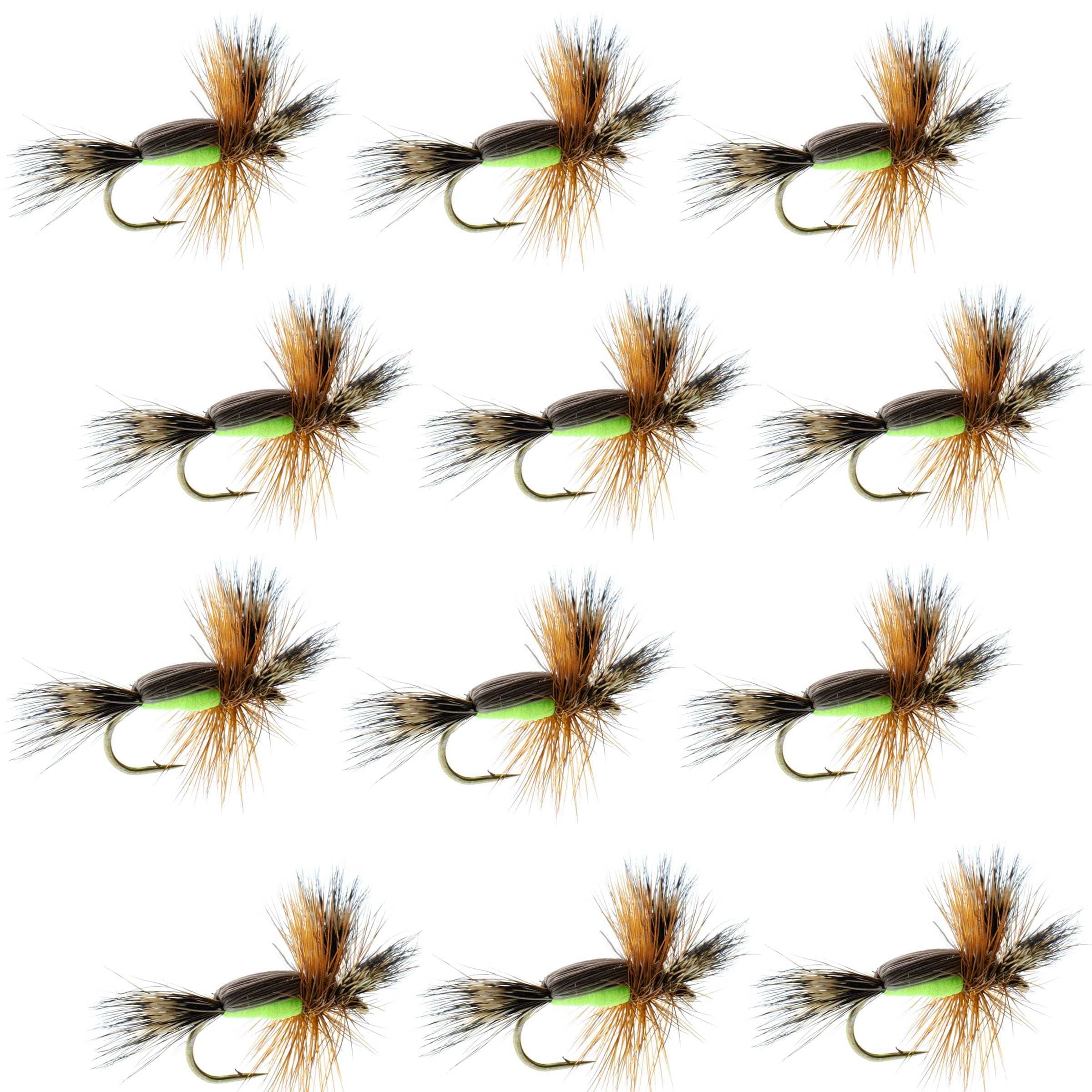 The Fly Fishing Place Trout Dry Flies Barbless Chartreuse Humpy Classic Hair Wing Dry Fly - 1 Dozen Flies Hook Size 10