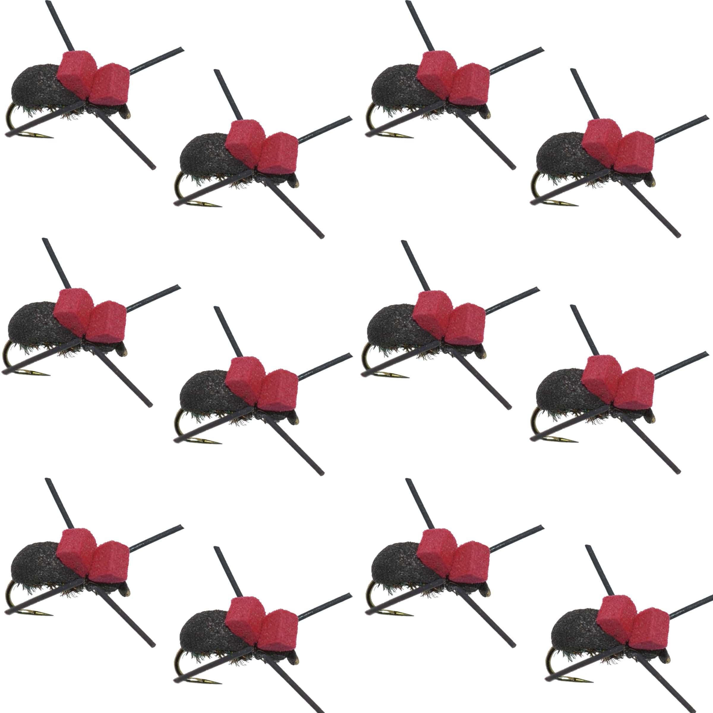 The Fly Fishing Place Trout Dry Flies Barbless Red Top Black Foam Beetle Terrestrial Trout Dry Fly Fishing Flies - 1 Dozen Flies Size 14