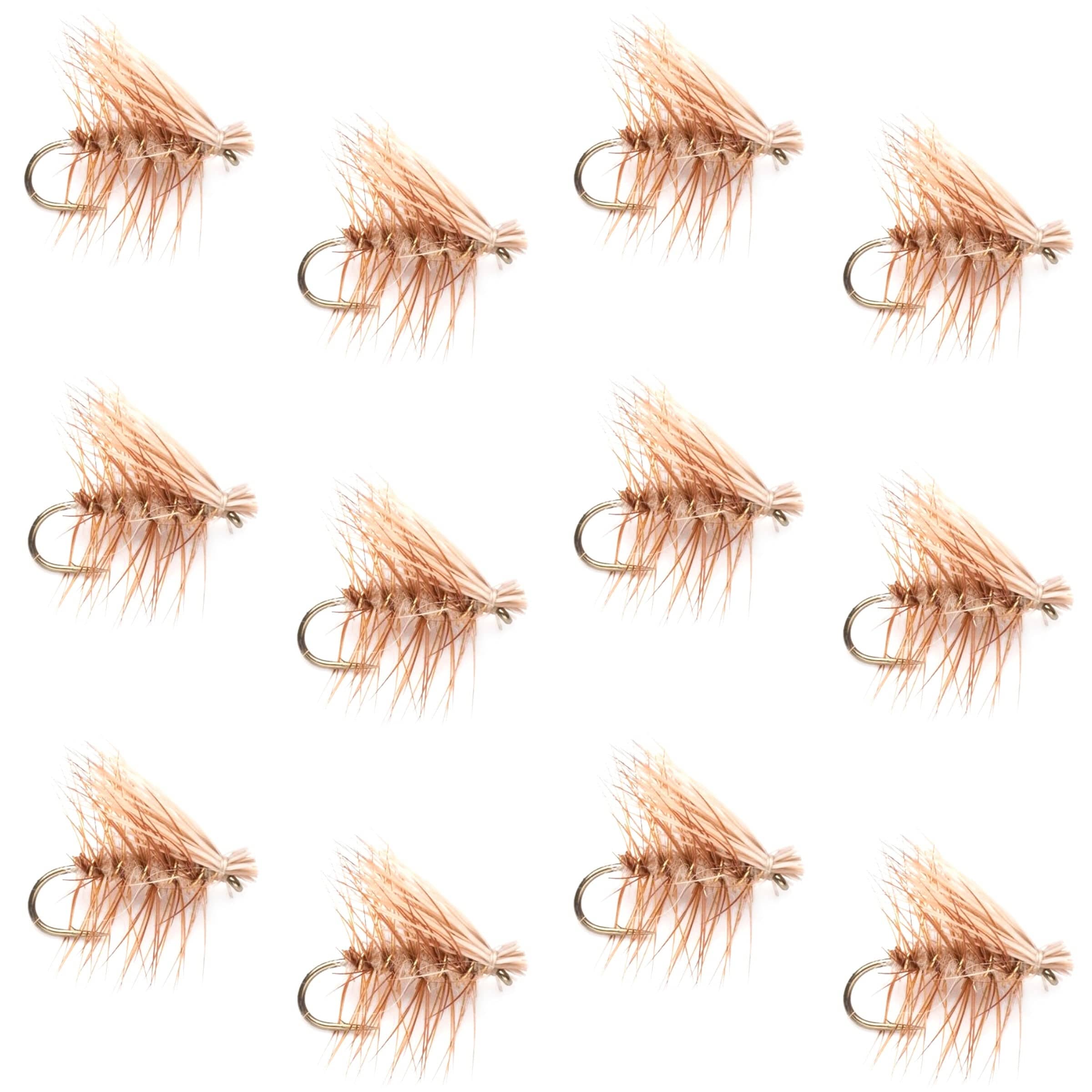The Fly Fishing Place Trout Dry Flies Barbless Tan Elk Hair Caddis Classic Trout Dry Flies 1 Dozen Flies Size 12
