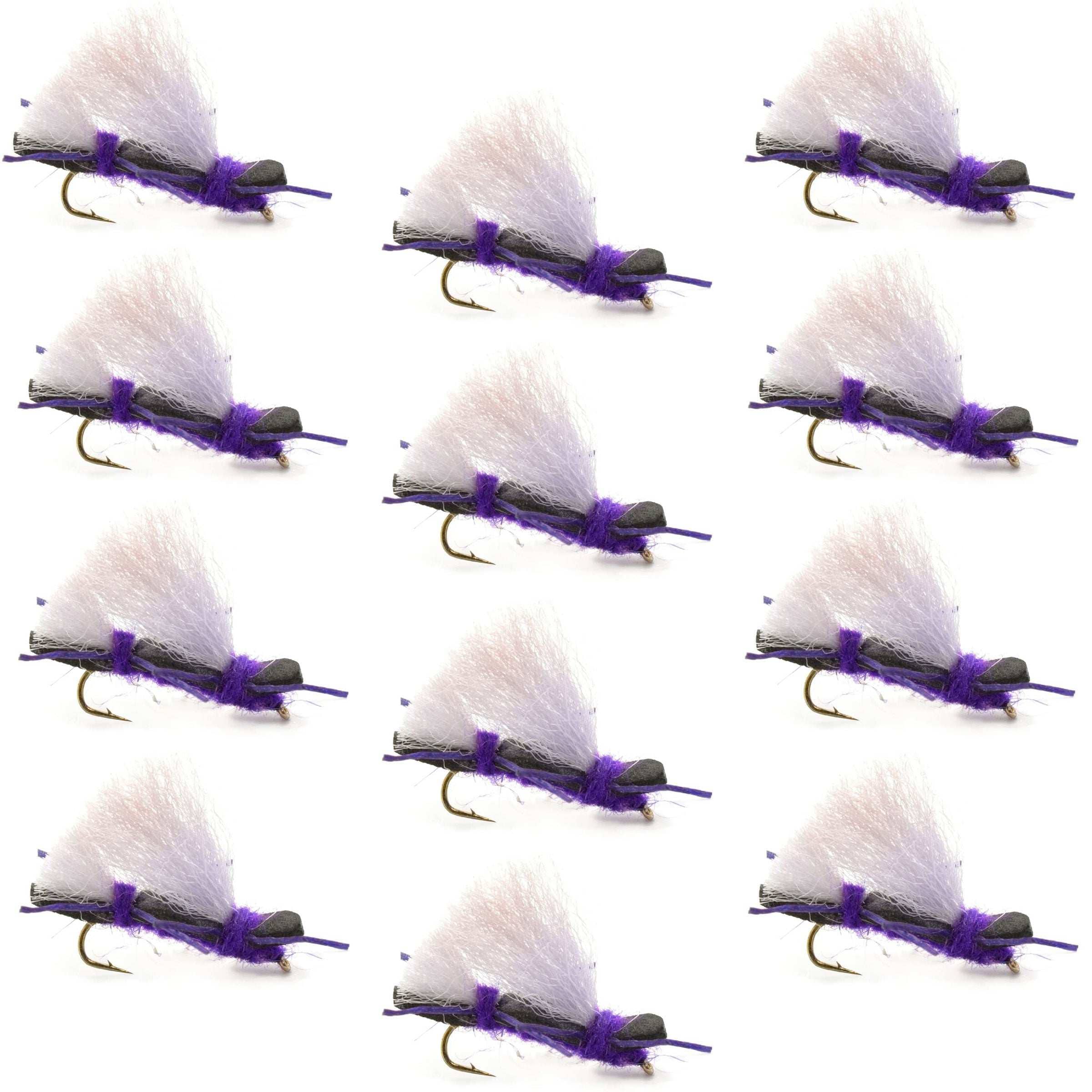 The Fly Fishing Place Trout Dry Flies Chubby Chernobyl Ant Purple Foam Body Grasshopper Fly - 1 Dozen Flies Hook Size 10