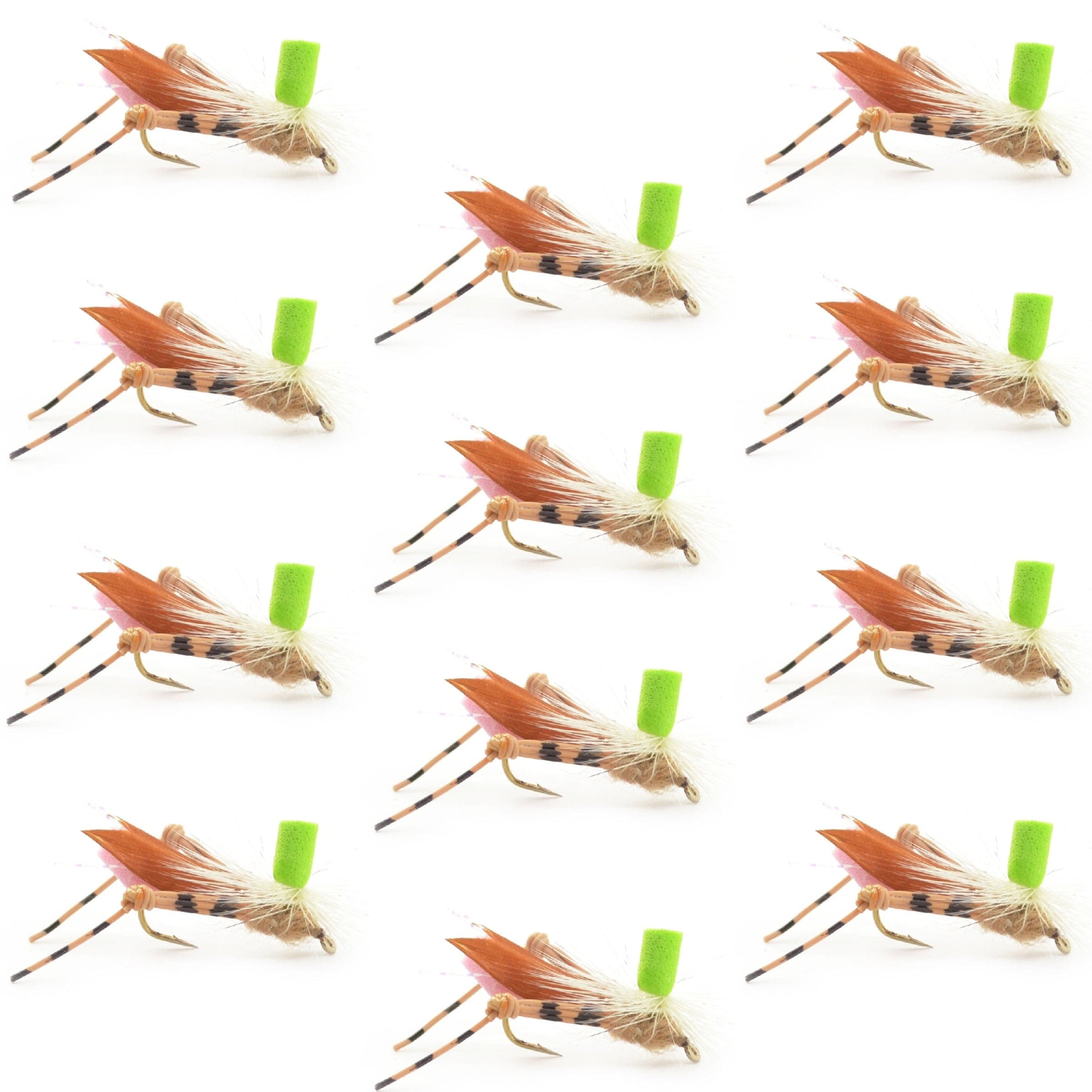 The Fly Fishing Place Trout Dry Flies Green Top Hopper Foam Body Grasshopper Fly - 1 Dozen Flies Hook Size 10
