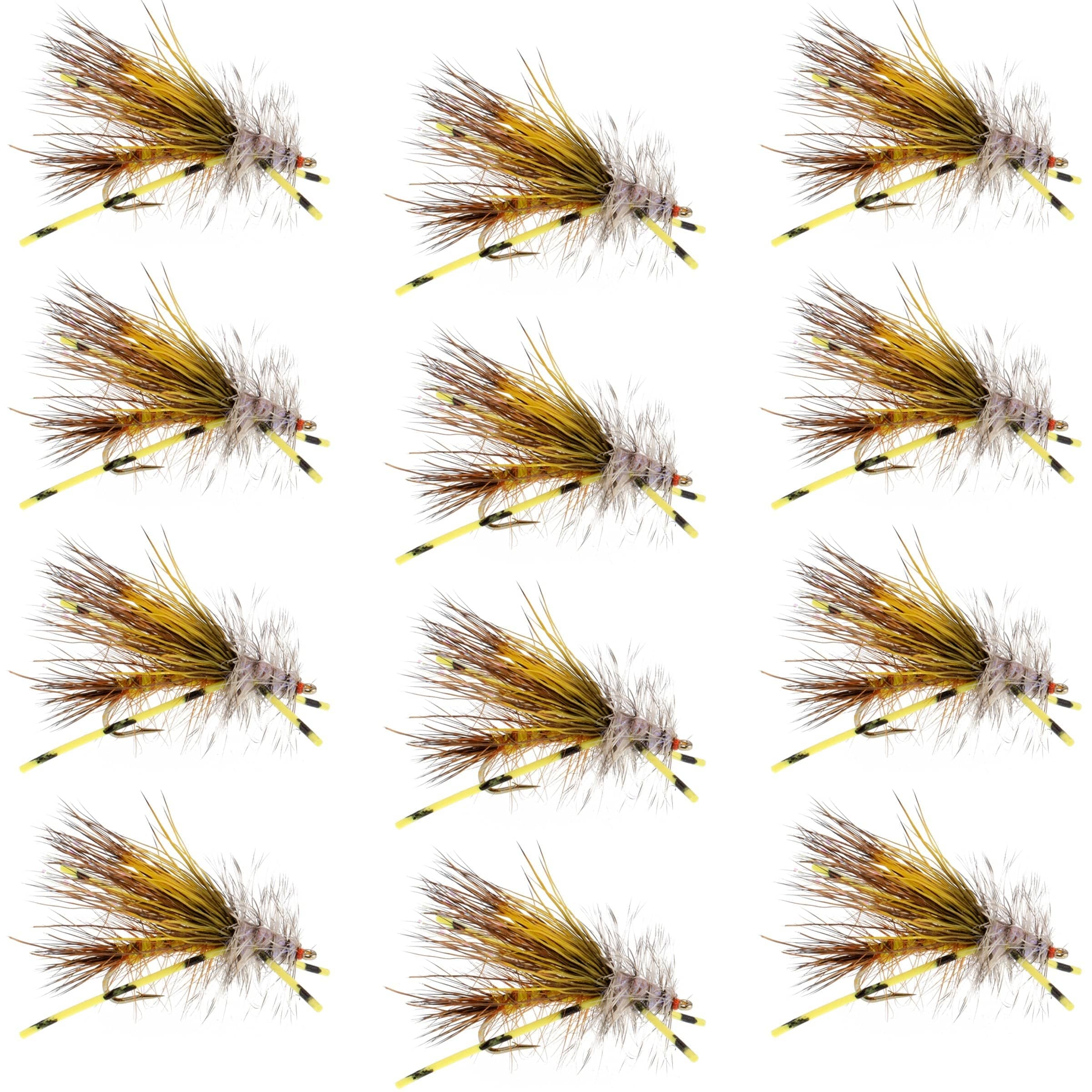The Fly Fishing Place Trout Dry Flies Kaufmann's Yellow Crystal Stimulator Rubber Legs Dry Fly - 1 Dozen Flies Hook Size 10