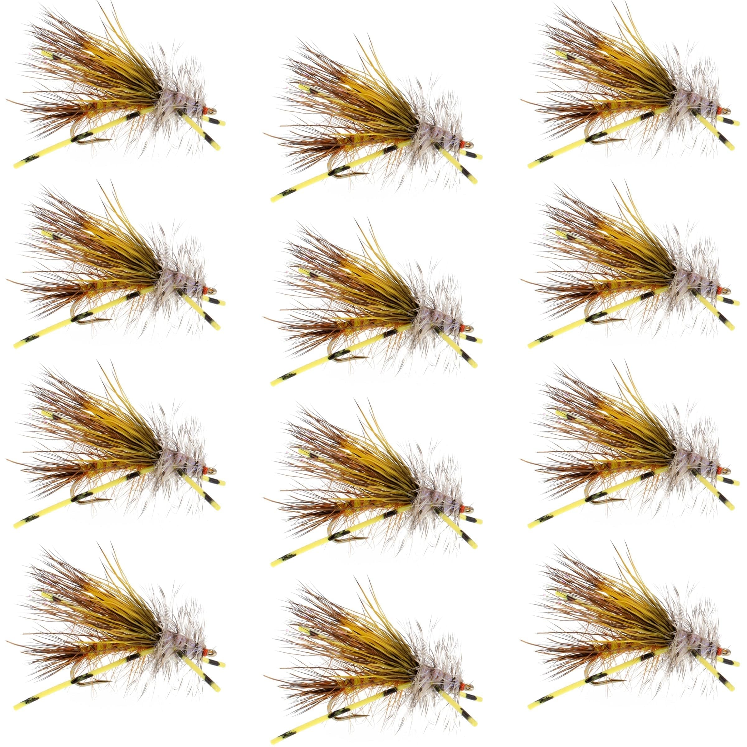 The Fly Fishing Place Trout Dry Flies Kaufmann's Yellow Crystal Stimulator Rubber Legs Dry Fly - 1 Dozen Flies Hook Size 14