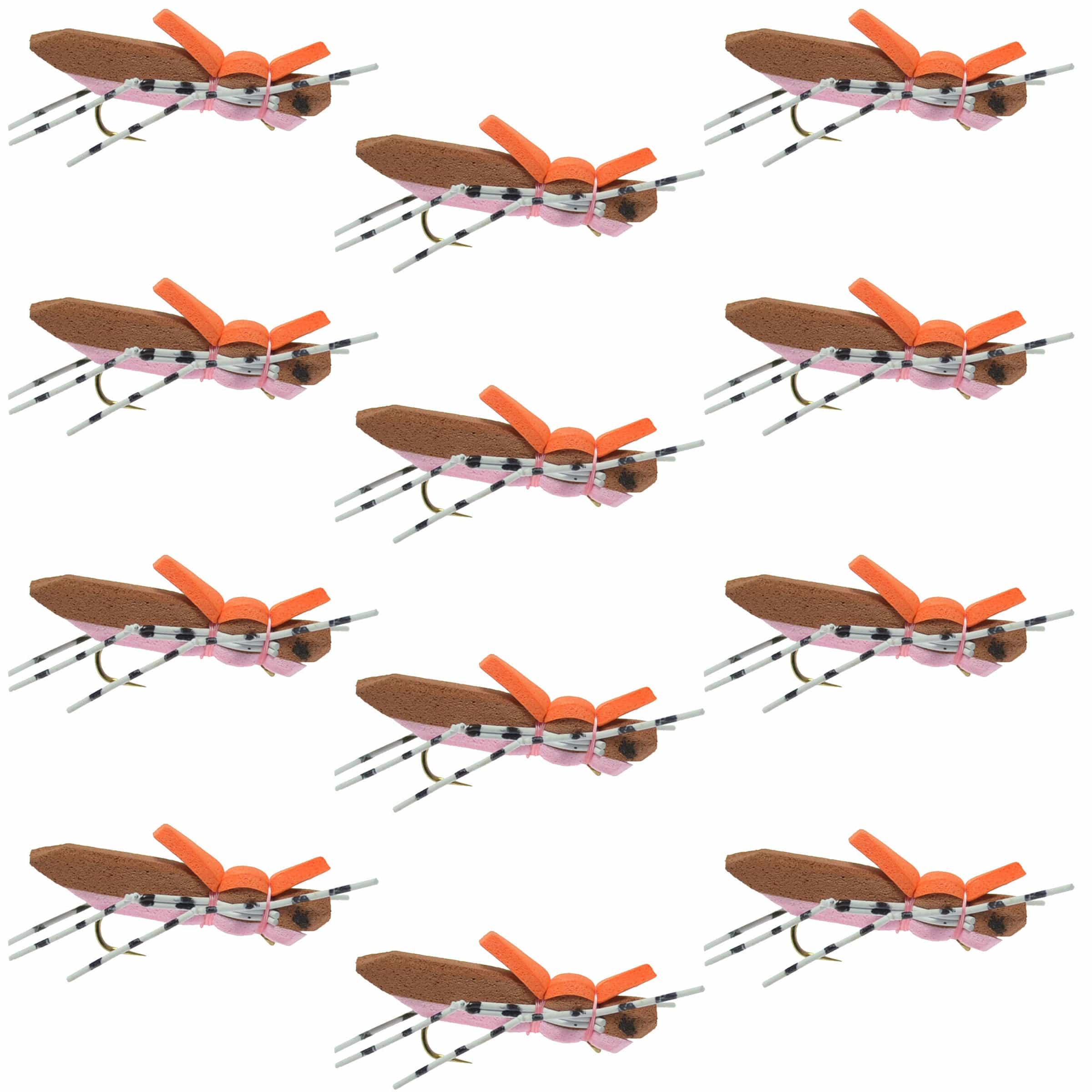 The Fly Fishing Place Trout Dry Flies Moorish Hopper Brown Pink Foam Body Grasshopper Fly - 1 Dozen Flies Hook Size 10