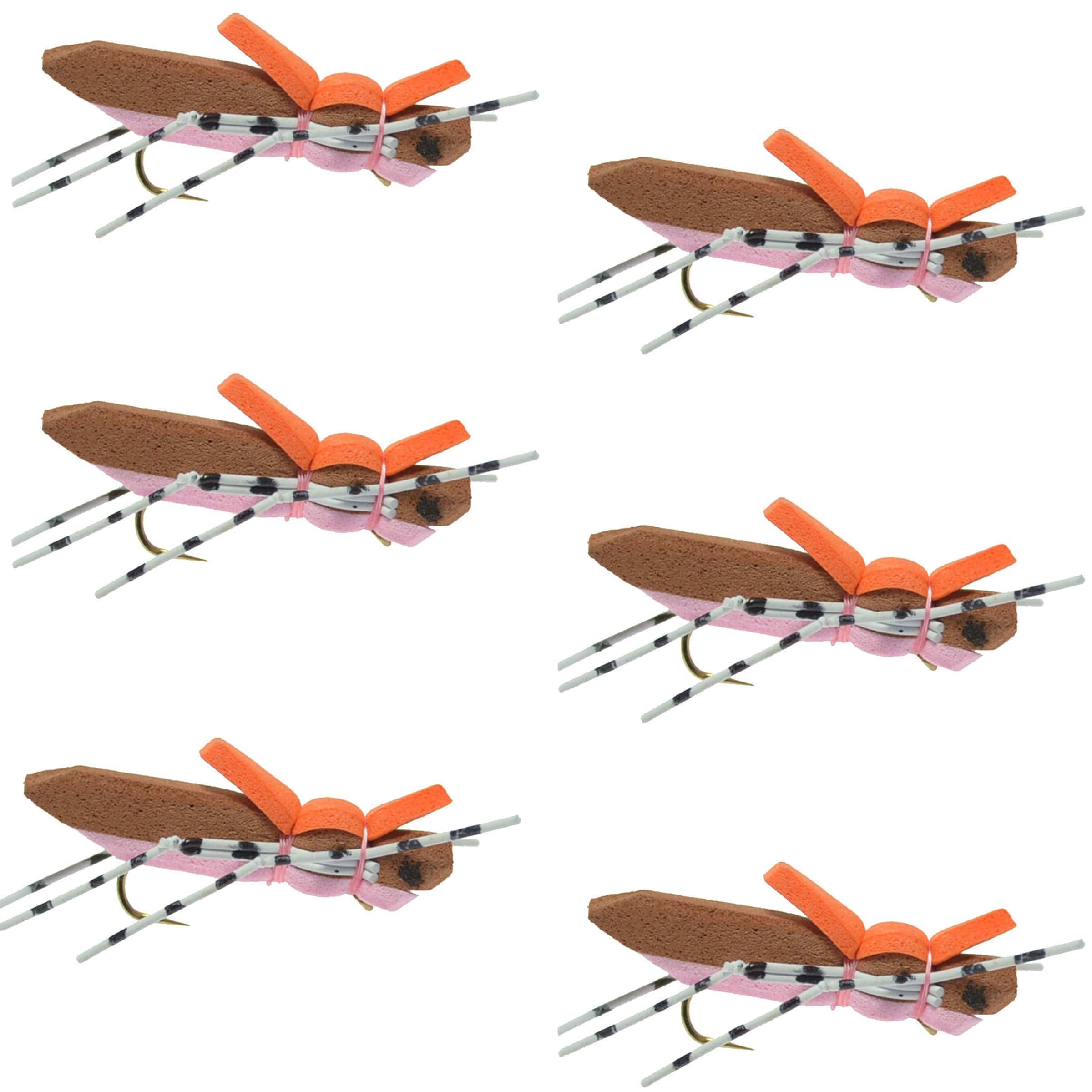 The Fly Fishing Place Trout Dry Flies Moorish Hopper Brown Pink Foam Body Grasshopper Fly - 6 Flies Hook Size 10