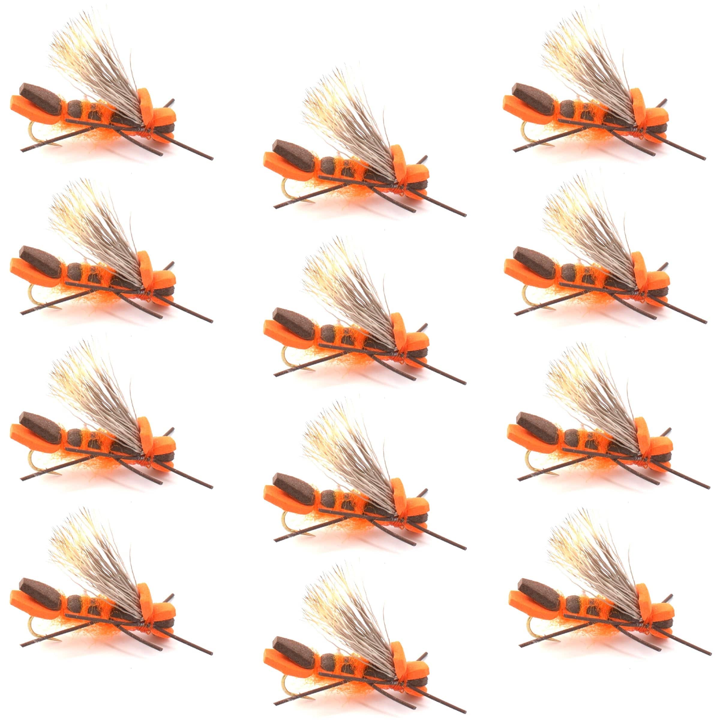 The Fly Fishing Place Trout Dry Flies Orange Godzilla Hopper - Foam Grasshopper or Adult Salmonfly Fly Pattern - 1 Dozen Flies Hook Size 10