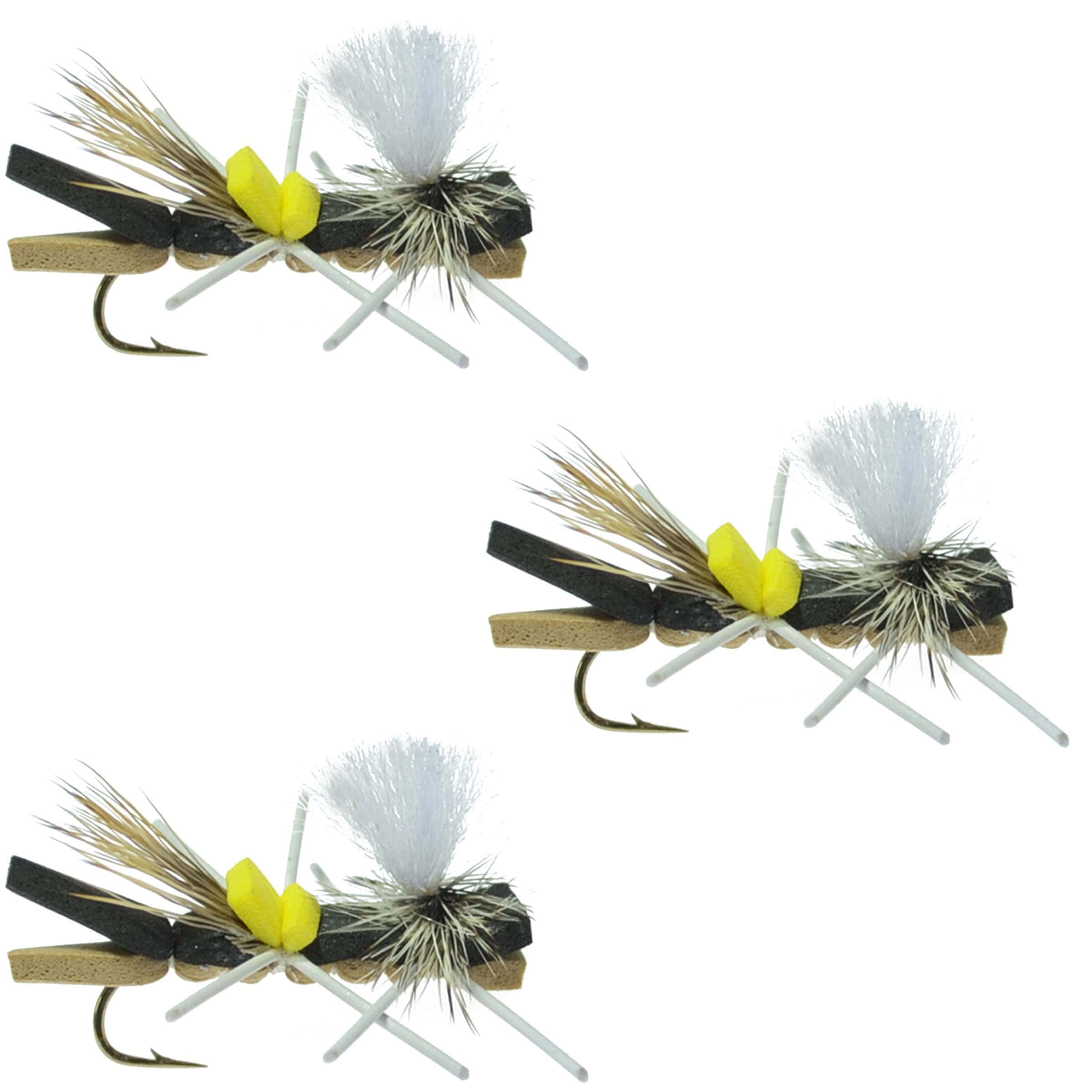 The Fly Fishing Place Trout Dry Flies Pack Parachute Chernobyl Ant Black Tan Foam Body Grasshopper Fly 6 Flies Hook Size 10