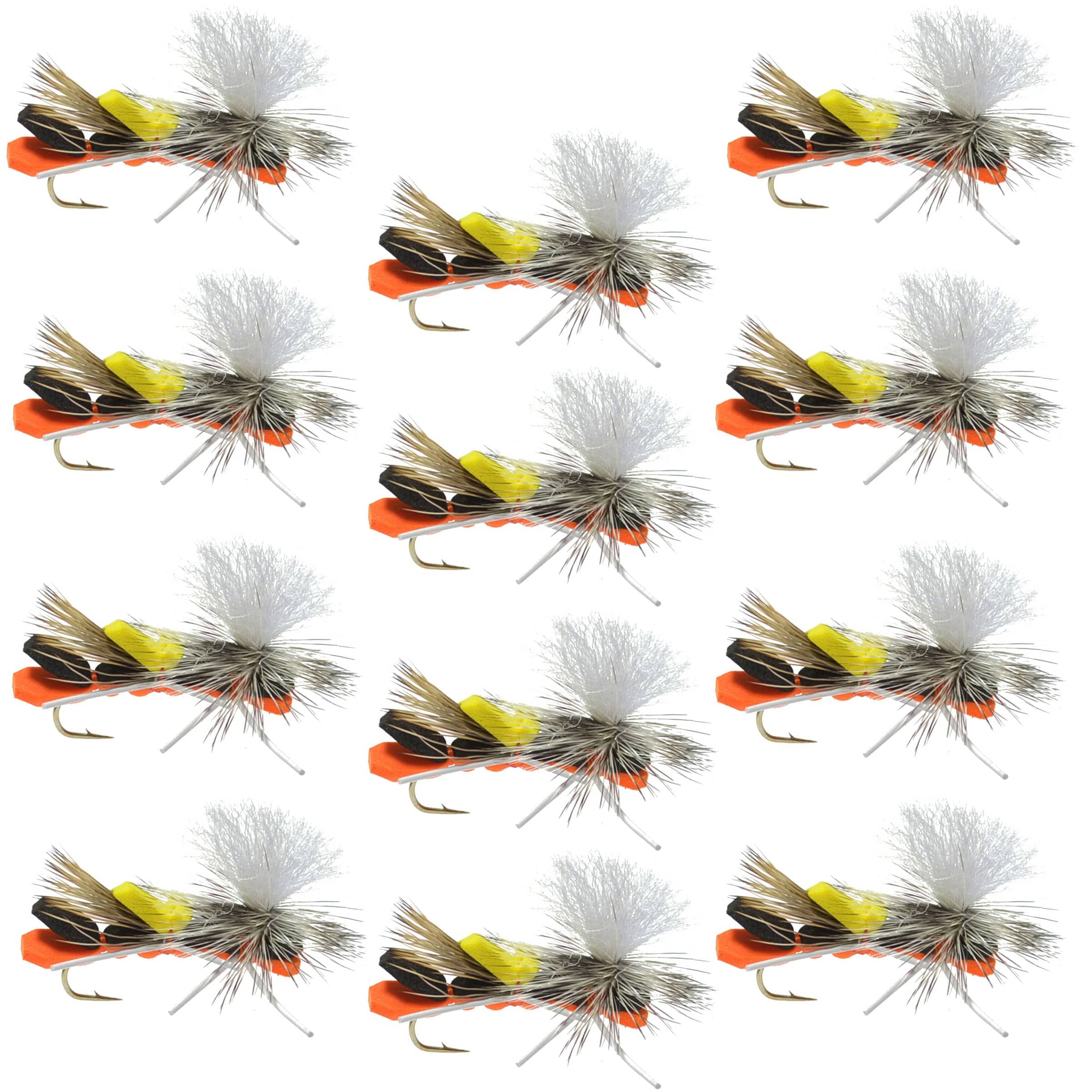 The Fly Fishing Place Trout Dry Flies Parachute Chernobyl Ant Black Orange Foam Body Grasshopper Fly - 1 Dozen Flies Hook Size 10