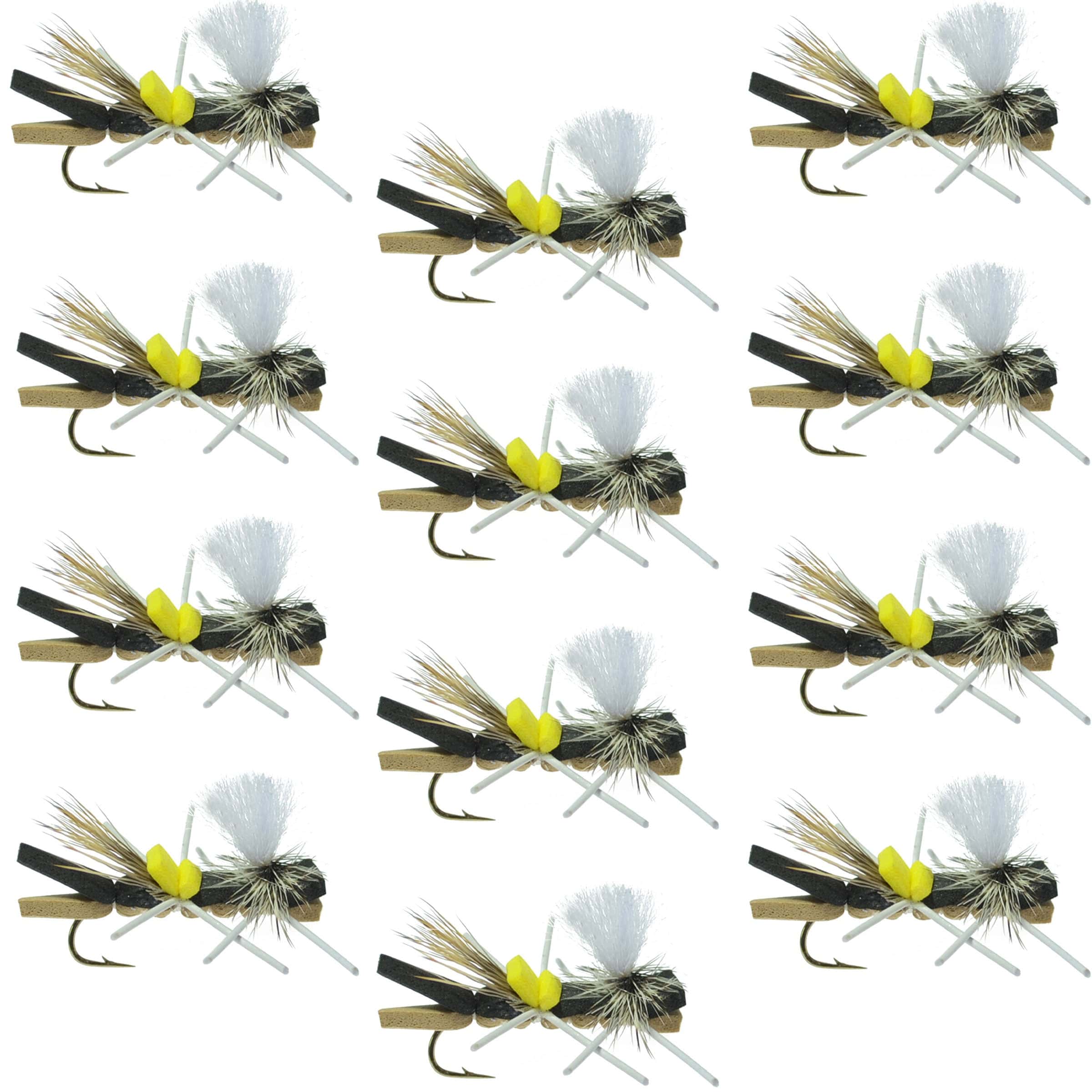 The Fly Fishing Place Trout Dry Flies Parachute Chernobyl Ant Black Tan Foam Body Grasshopper Fly 1 Dozen Flies Hook Size 10