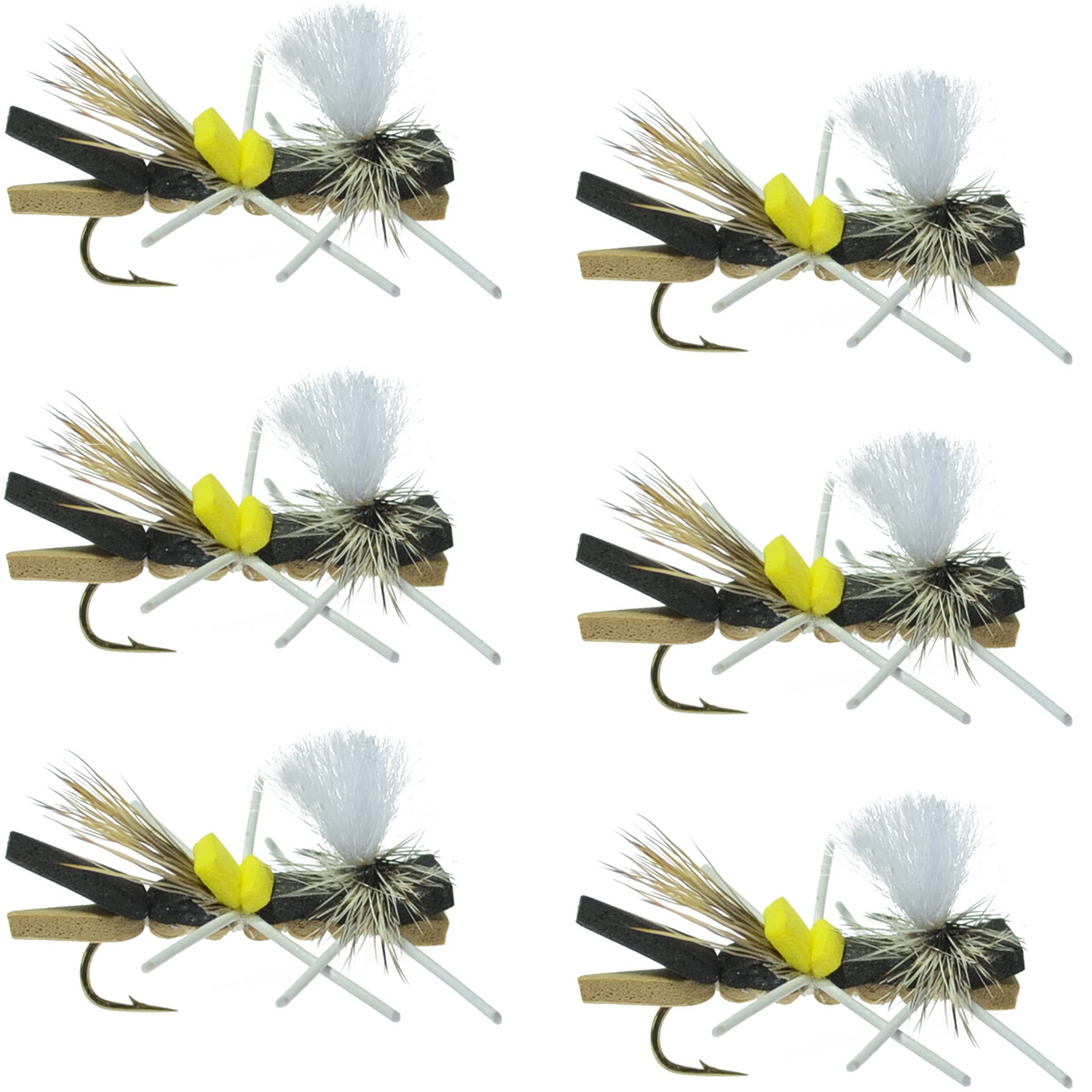 The Fly Fishing Place Trout Dry Flies Parachute Chernobyl Ant Black Tan Foam Body Grasshopper Fly 6 Flies Hook Size 10