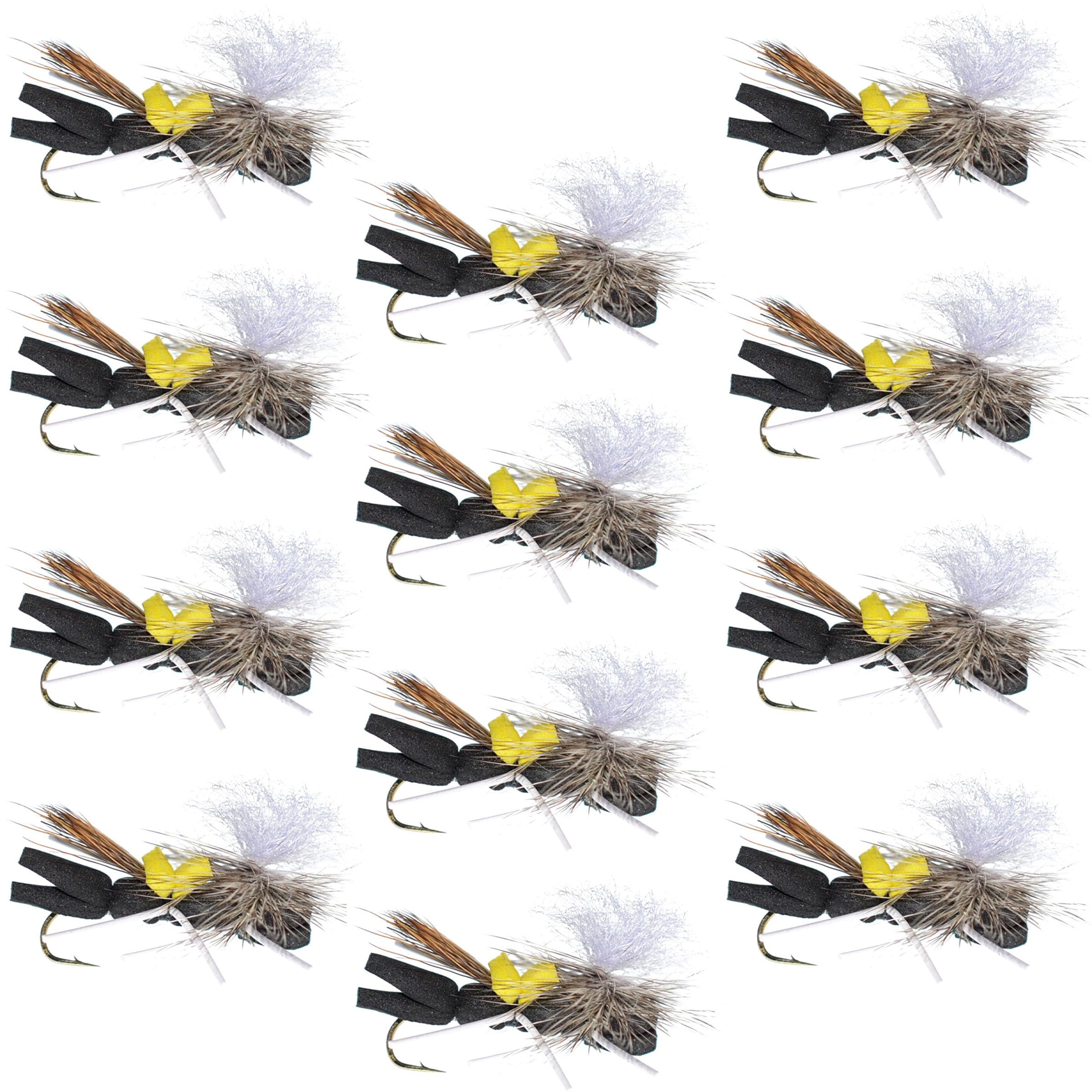 The Fly Fishing Place Trout Dry Flies Parachute Chernobyl Ant Black Yellow Top Foam Body Grasshopper Fly 1 Dozen Flies Hook Size 10