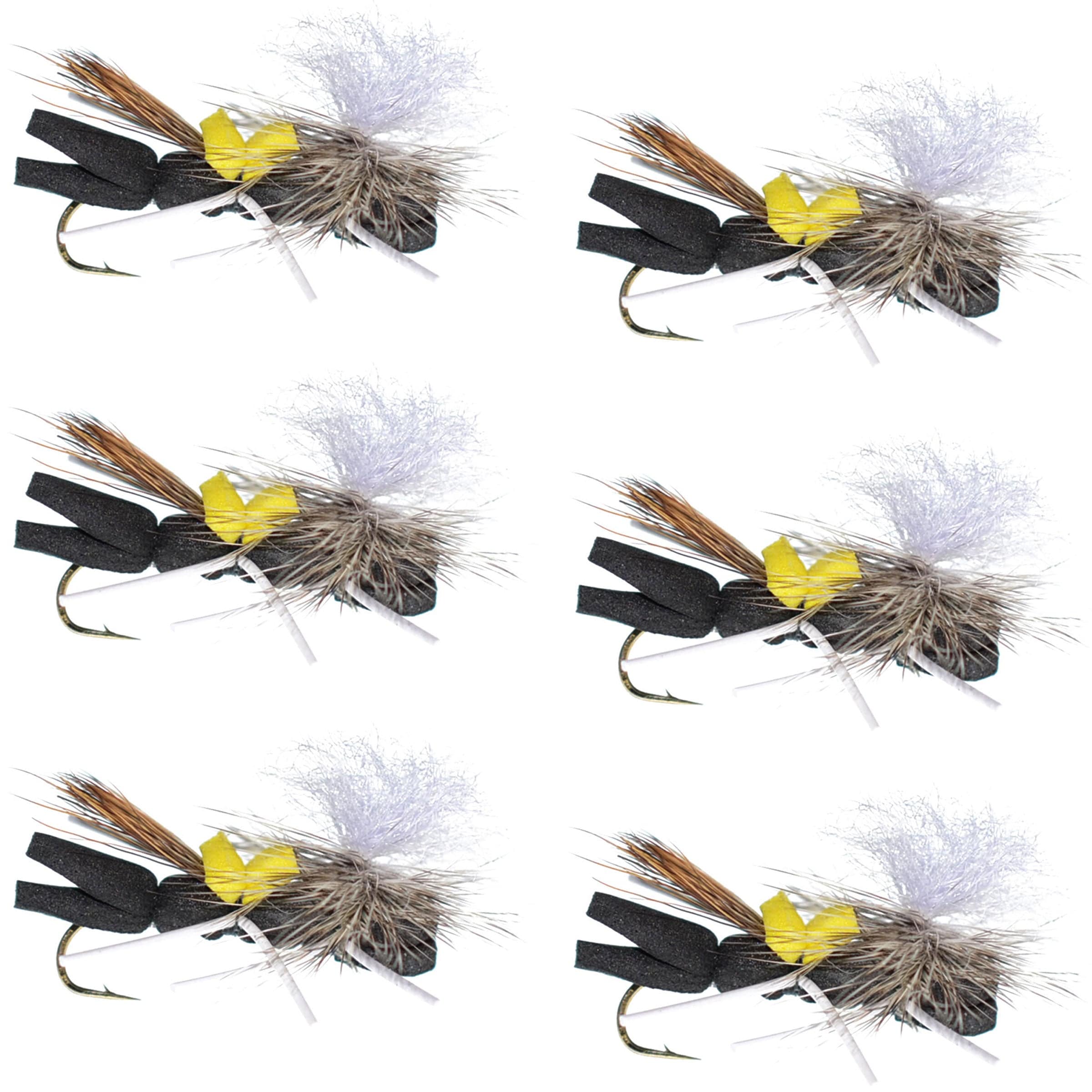 The Fly Fishing Place Trout Dry Flies Parachute Chernobyl Ant Black Yellow Top Foam Body Grasshopper Fly 6 Flies Hook Size 10