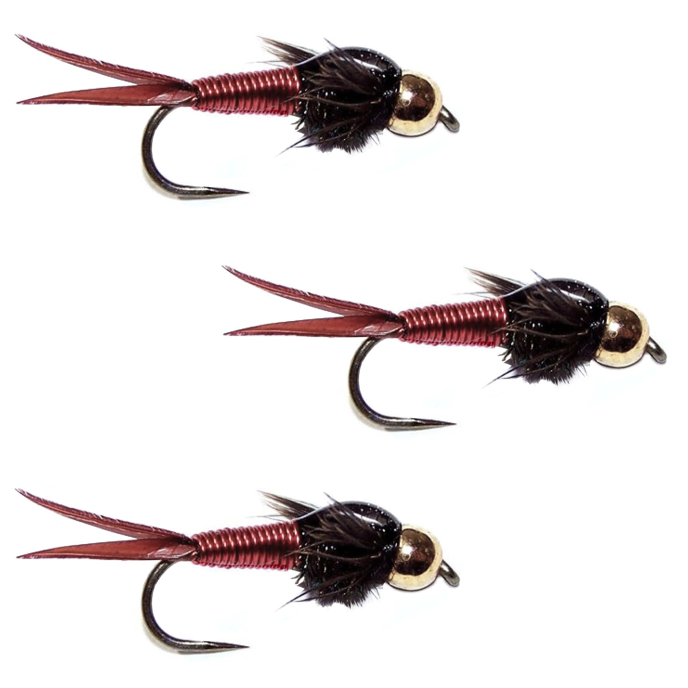 The Fly Fishing Place Trout Wet Flies 3 Pack Barbless Bead Head Red Copper John Nymph Fly Fishing Flies -  Hook Size 14