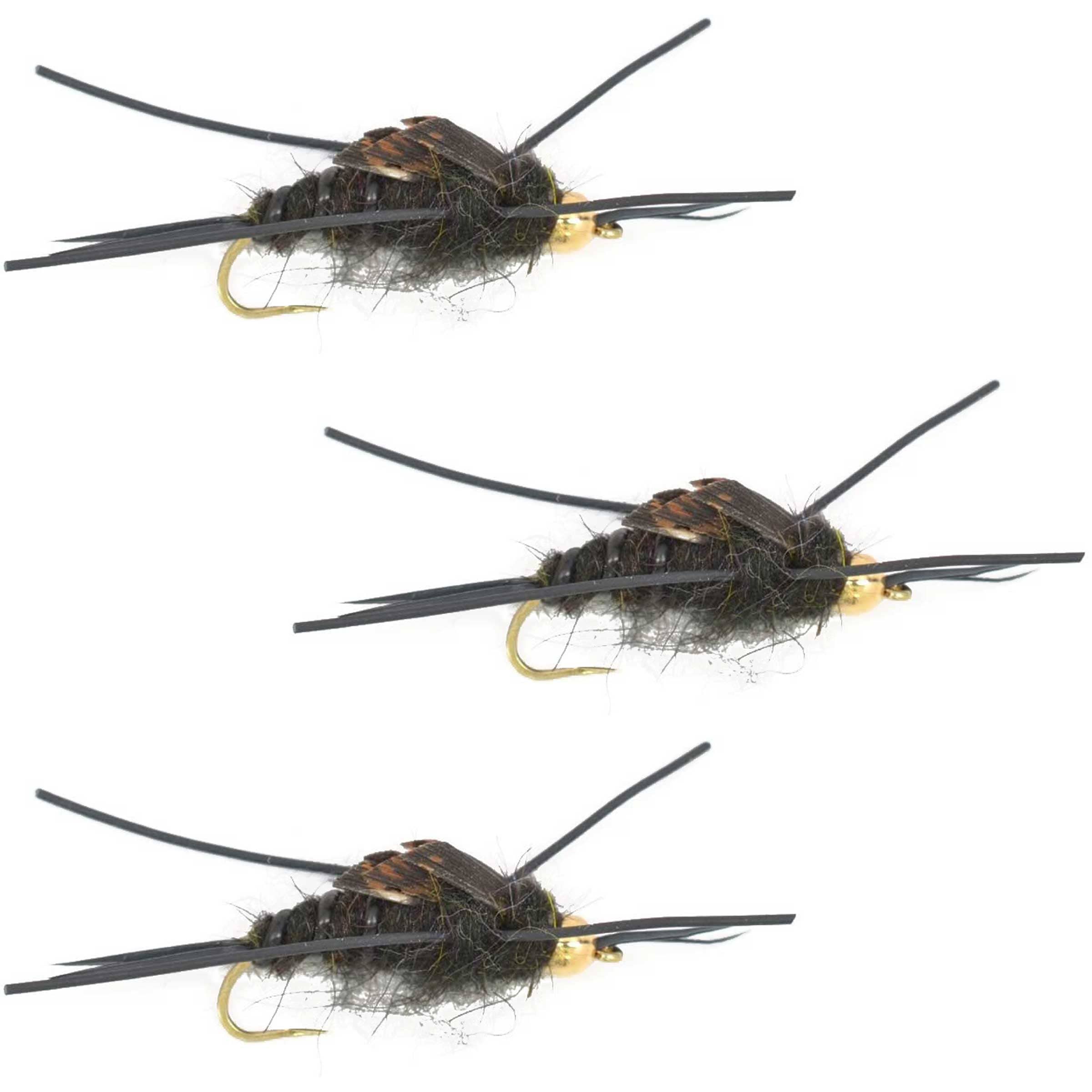 The Fly Fishing Place Trout Wet Flies 3 Pack Barbless Gold Bead Kaufmann's Black Stone Fly with Rubber Legs - Stonefly Wet Fly - Hook Size 12