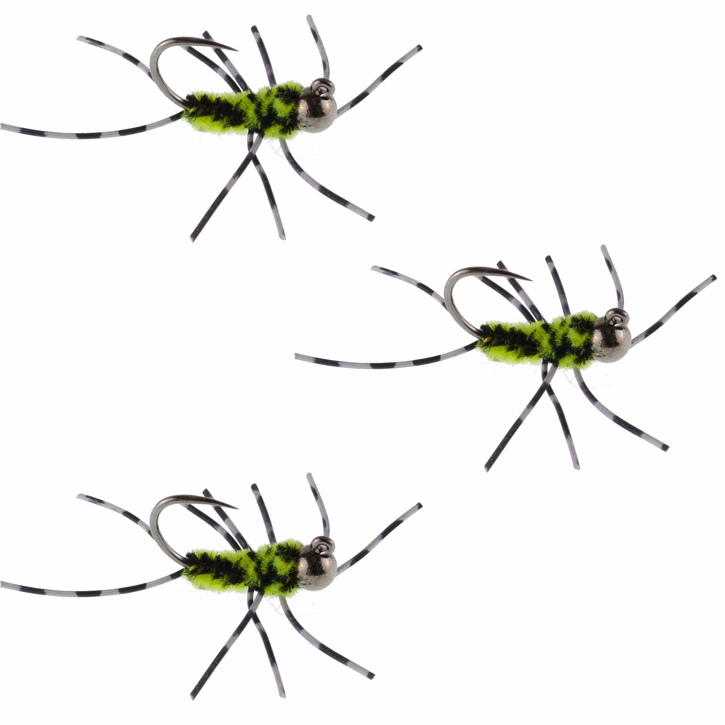 The Fly Fishing Place Trout Wet Flies 3 Pack Barbless Pat's Barred Rubber Legs Tungsten Bead Jigged Black/Chartreuse Euro Nymph  - Hook Size 6