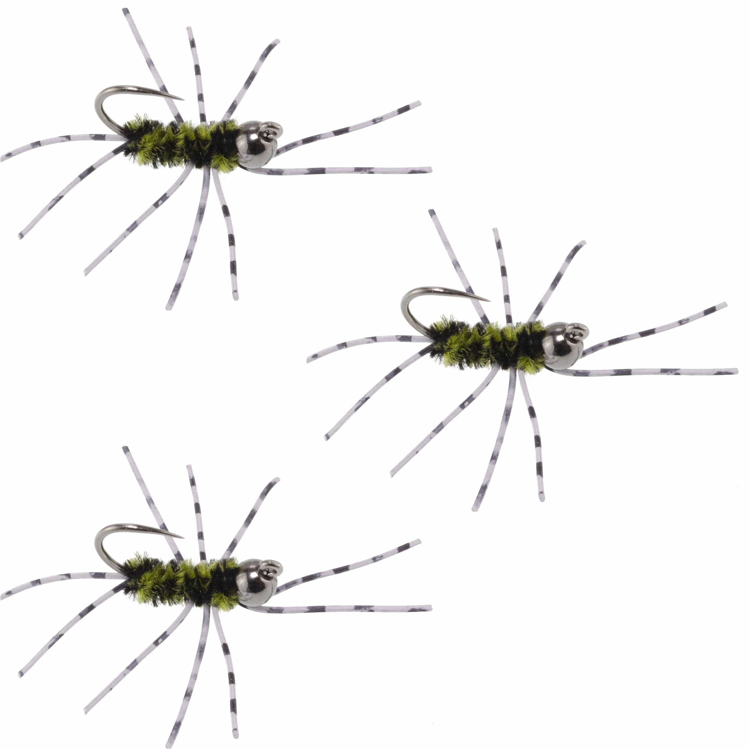 The Fly Fishing Place Trout Wet Flies 3 Pack Barbless Pat's Barred Rubber Legs Tungsten Bead Jigged Black/Olive Euro Nymph  - Hook Size 6