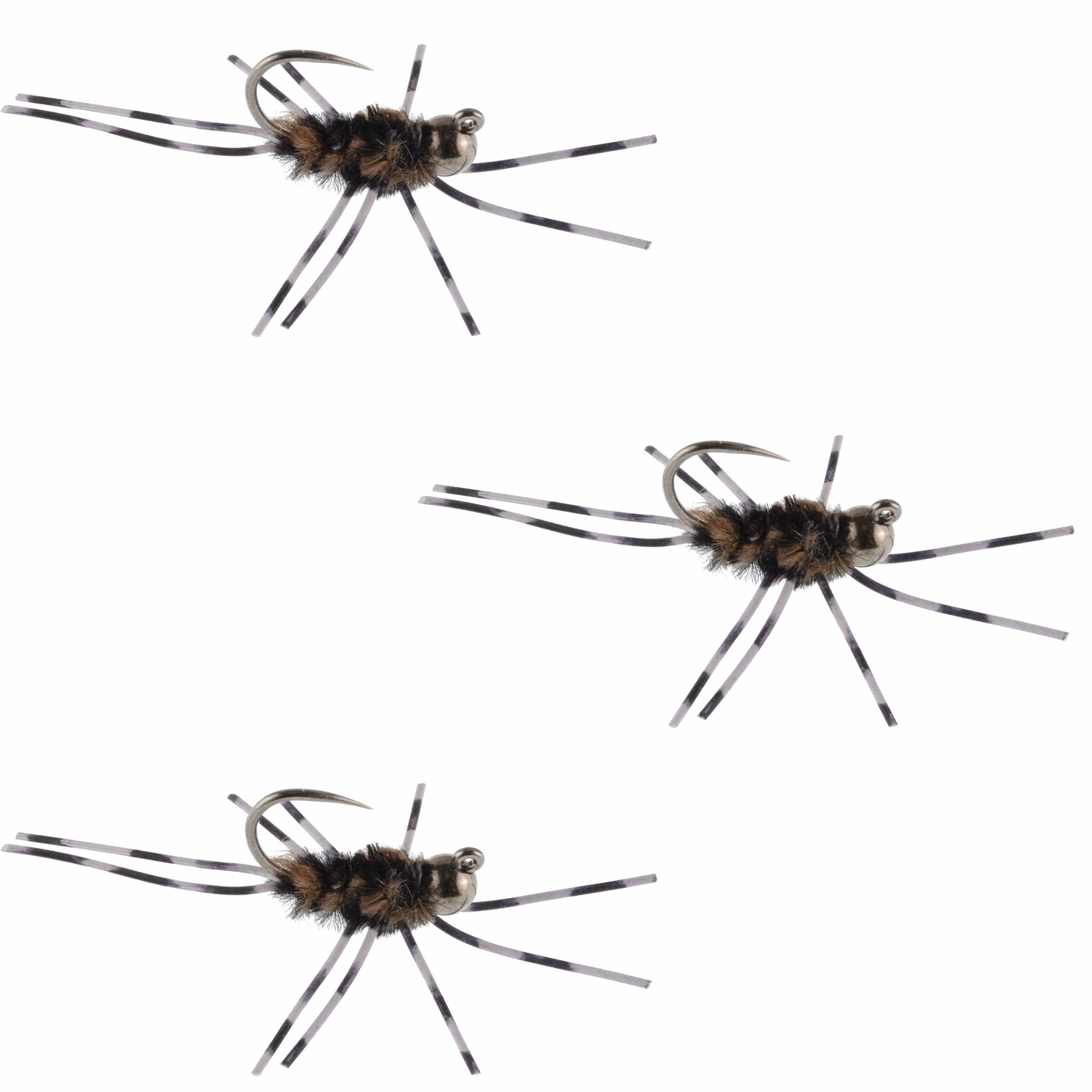 The Fly Fishing Place Trout Wet Flies 3 Pack Barbless Pat's Barred Rubber Legs Tungsten Bead Jigged Coffee/Black Euro Nymph  -  Hook Size 6