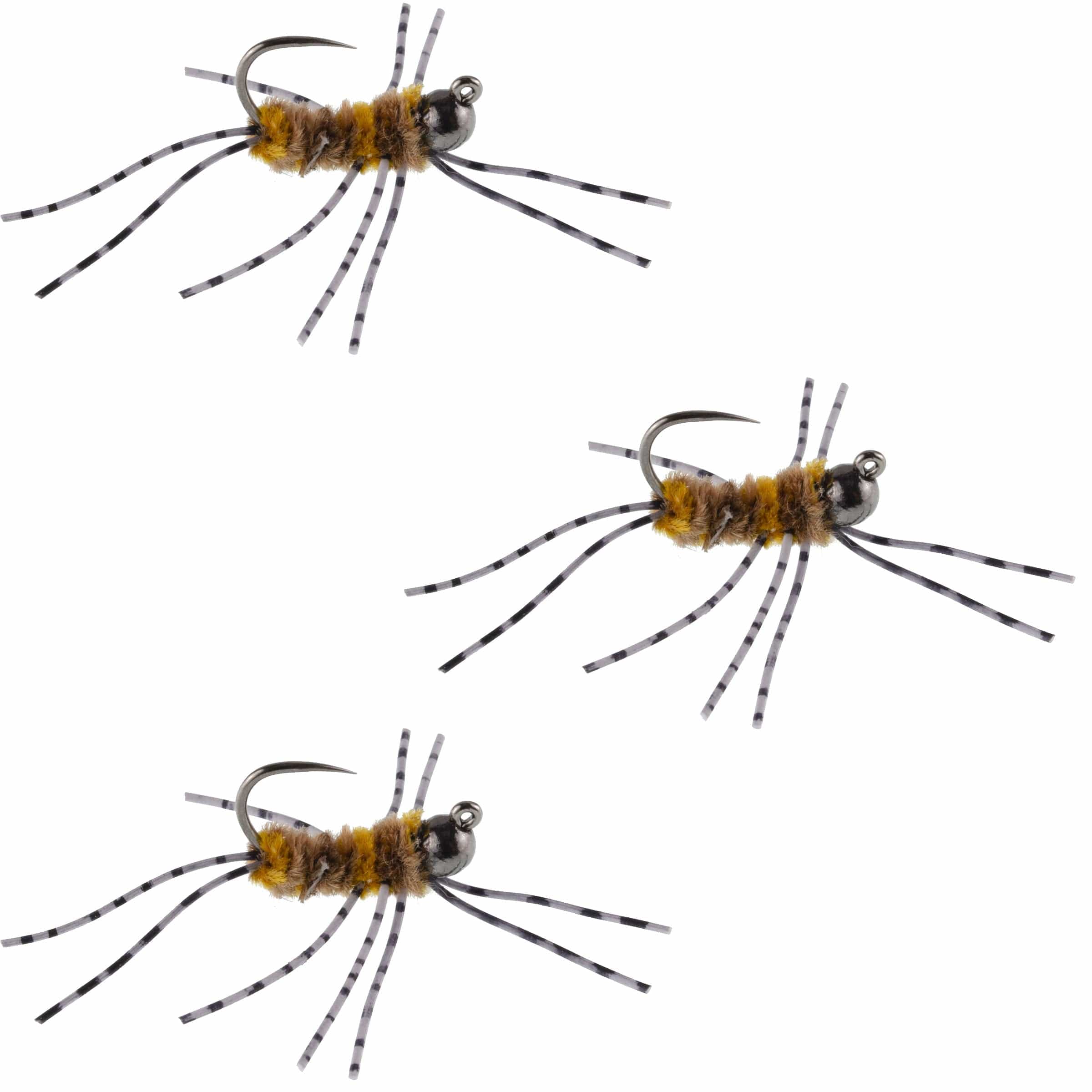The Fly Fishing Place Trout Wet Flies 3 Pack Barbless Pat's Barred Rubber Legs Tungsten Bead Jigged Coffee/Tan Euro Nymph  - Hook Size 6