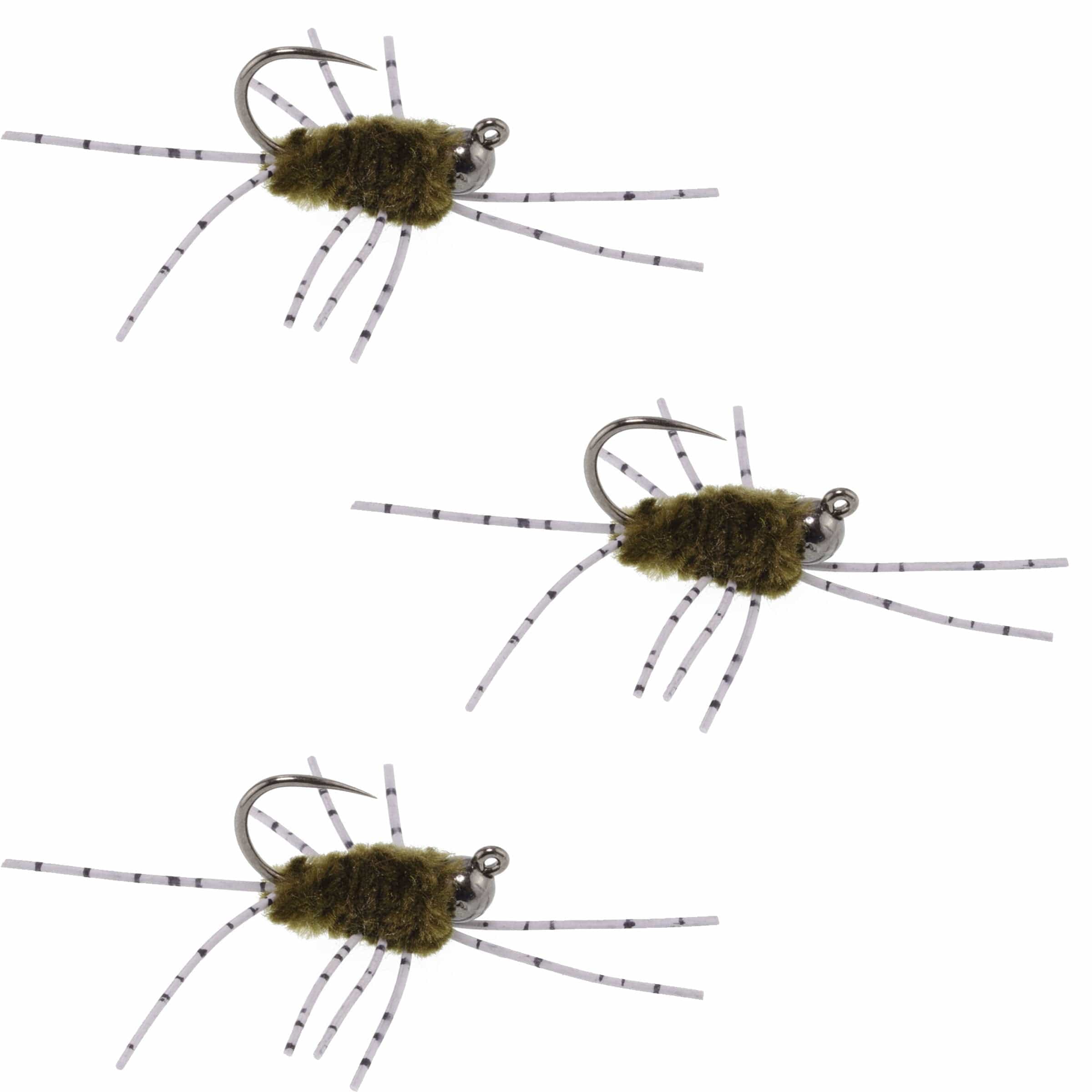The Fly Fishing Place Trout Wet Flies 3 Pack Barbless Pat's Barred Rubber Legs Tungsten Bead Jigged Dark Olive Euro Nymph  -  Hook Size 6