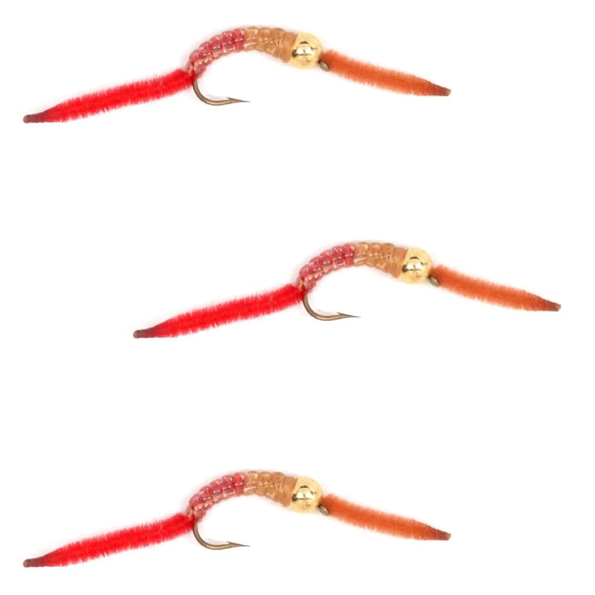 The Fly Fishing Place Trout Wet Flies 3 Pack San Juan Bead Head Power Worm Half Brown Half Red V-Rib - Hook Size 10