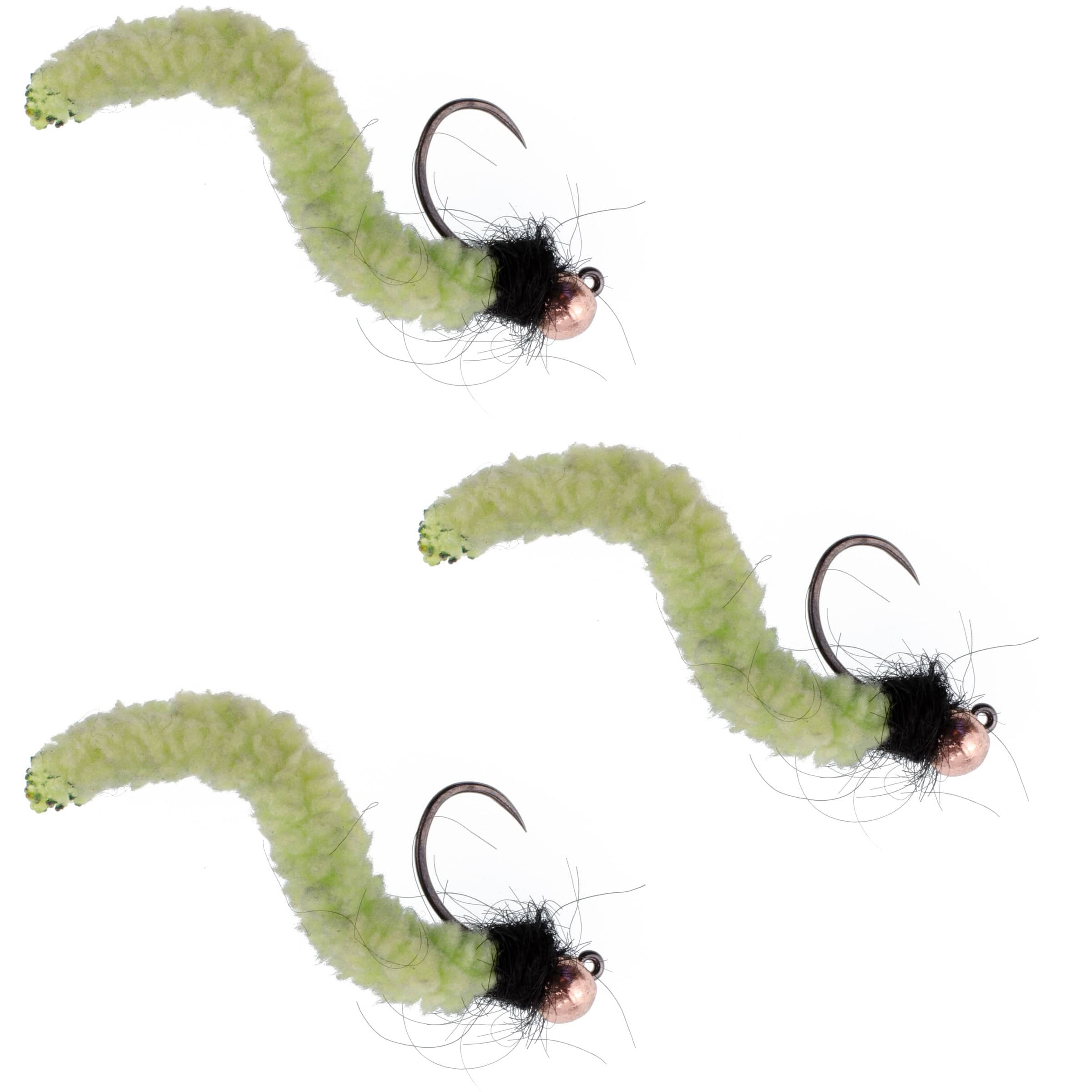 The Fly Fishing Place Trout Wet Flies 3 Pack Tungsten Bead Chartreuse Wormy Mop Fly Tactical Jig Czech Euro Nymph Barbless Fly - Size 12