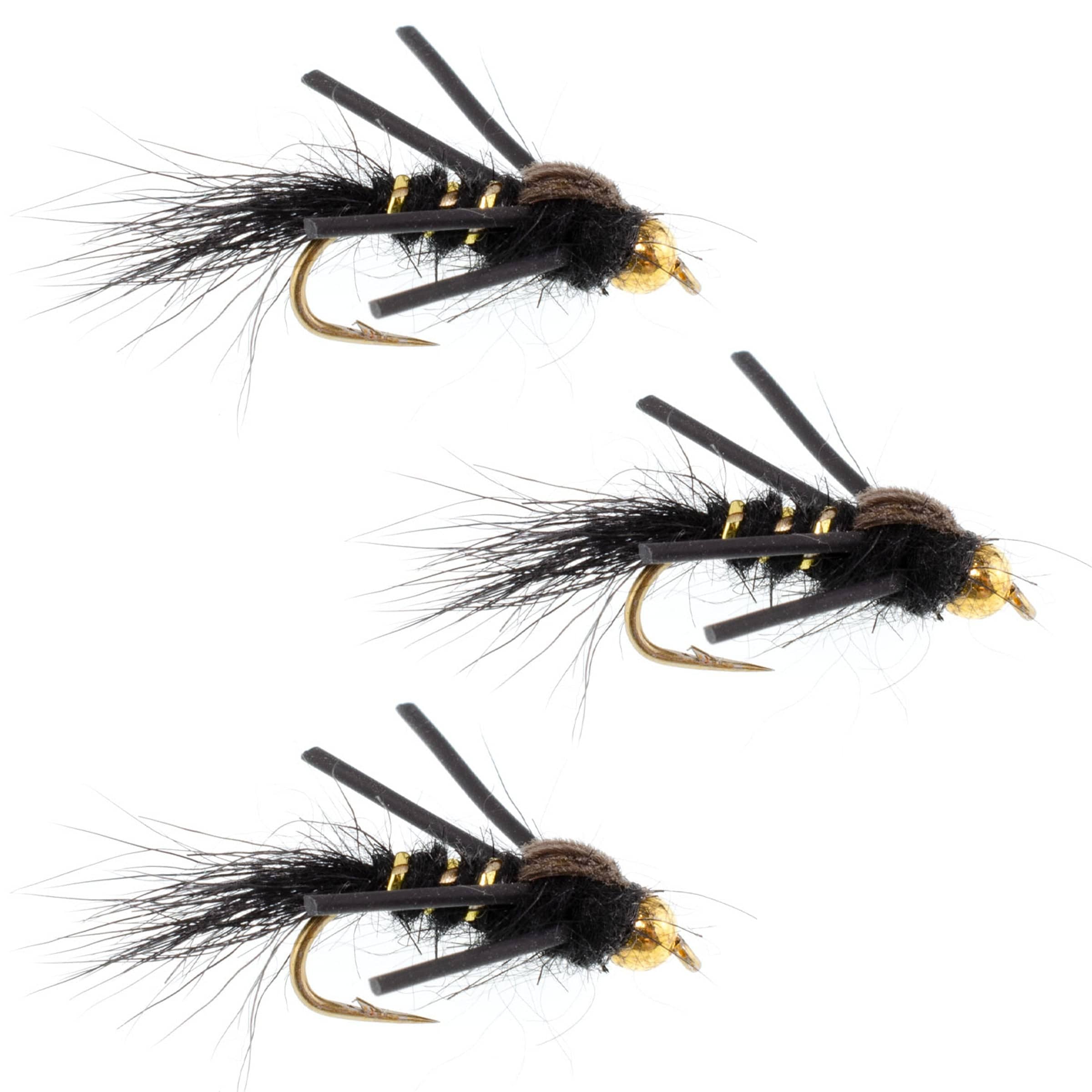 The Fly Fishing Place Trout Wet Flies 3 Pack Tungsten Bead Head Rubber Legs Black Gold-Ribbed Hare's Ear Trout Fly Nymph - Hook Size 14
