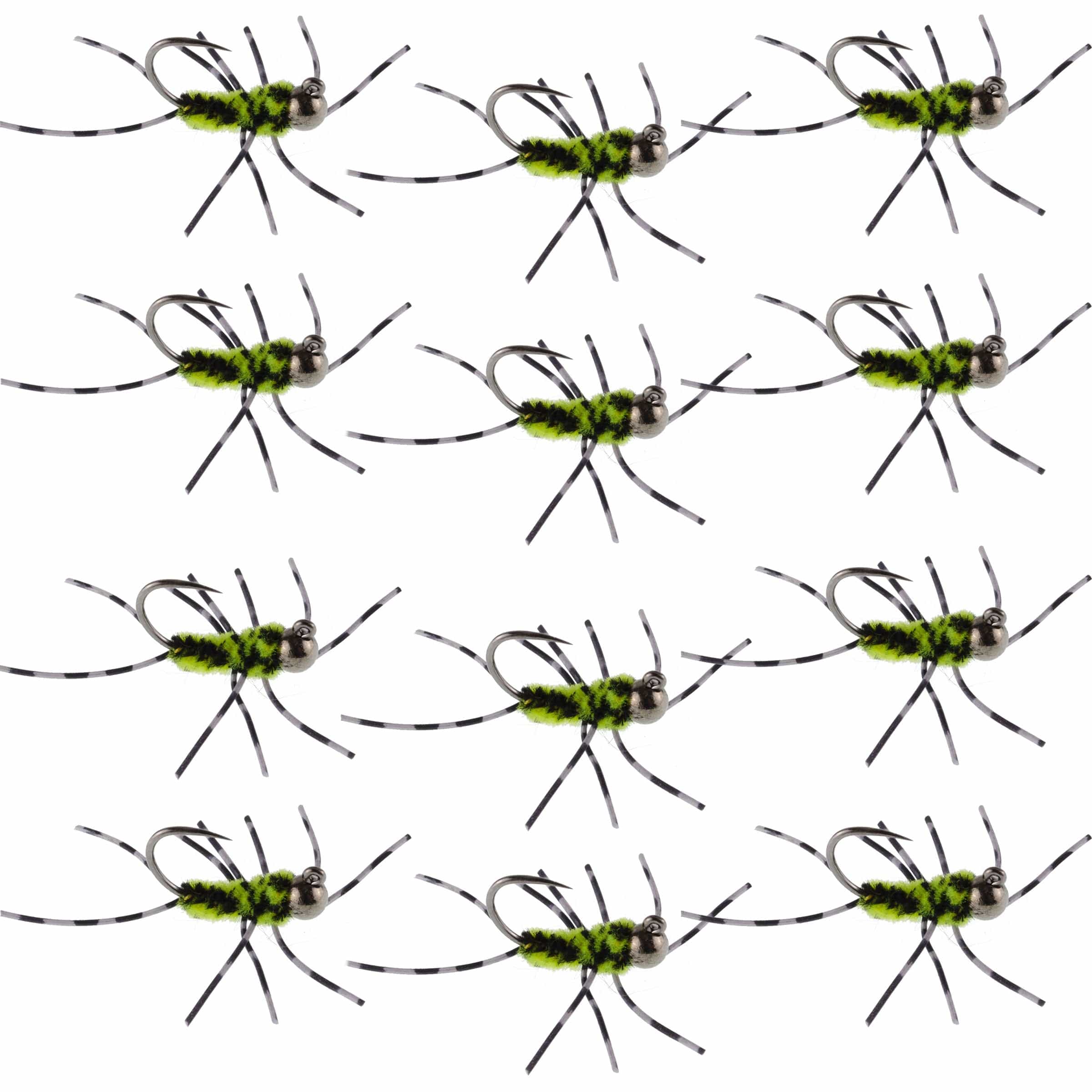 The Fly Fishing Place Trout Wet Flies Barbless Pat's Barred Rubber Legs Tungsten Bead Jigged Black/Chartreuse Euro Nymph  - Set of 12 Flies Hook Size 6