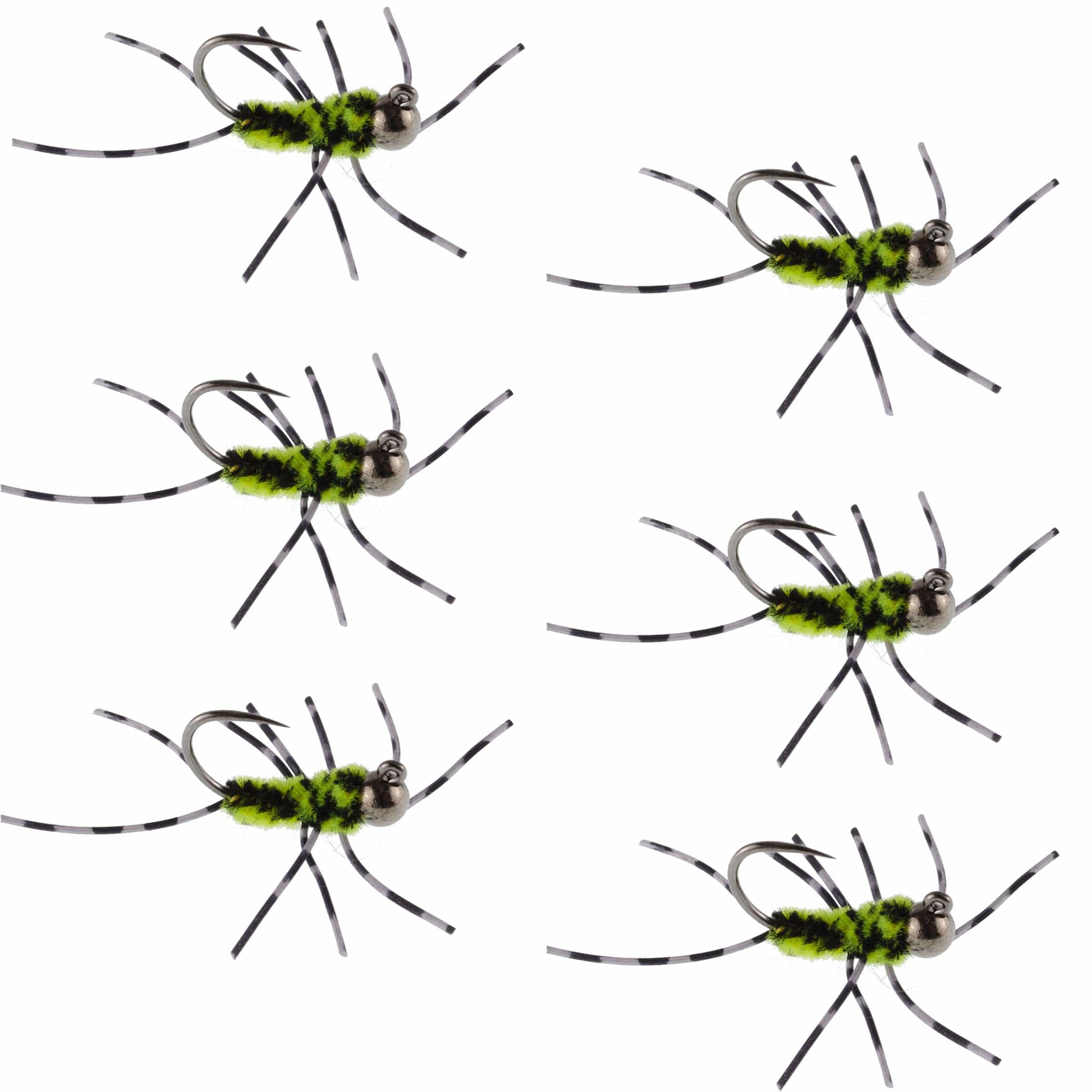 The Fly Fishing Place Trout Wet Flies Barbless Pat's Barred Rubber Legs Tungsten Bead Jigged Black/Chartreuse Euro Nymph  - Set of 6 Flies Hook Size 6