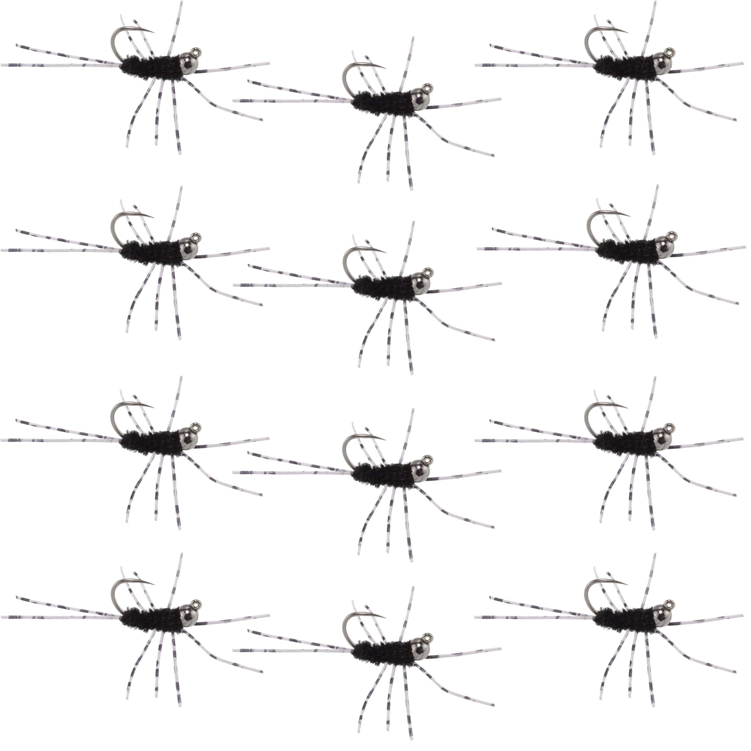 The Fly Fishing Place Trout Wet Flies Barbless Pat's Barred Rubber Legs Tungsten Bead Jigged Black Euro Nymph  - Set of 12 Flies Hook Size 6