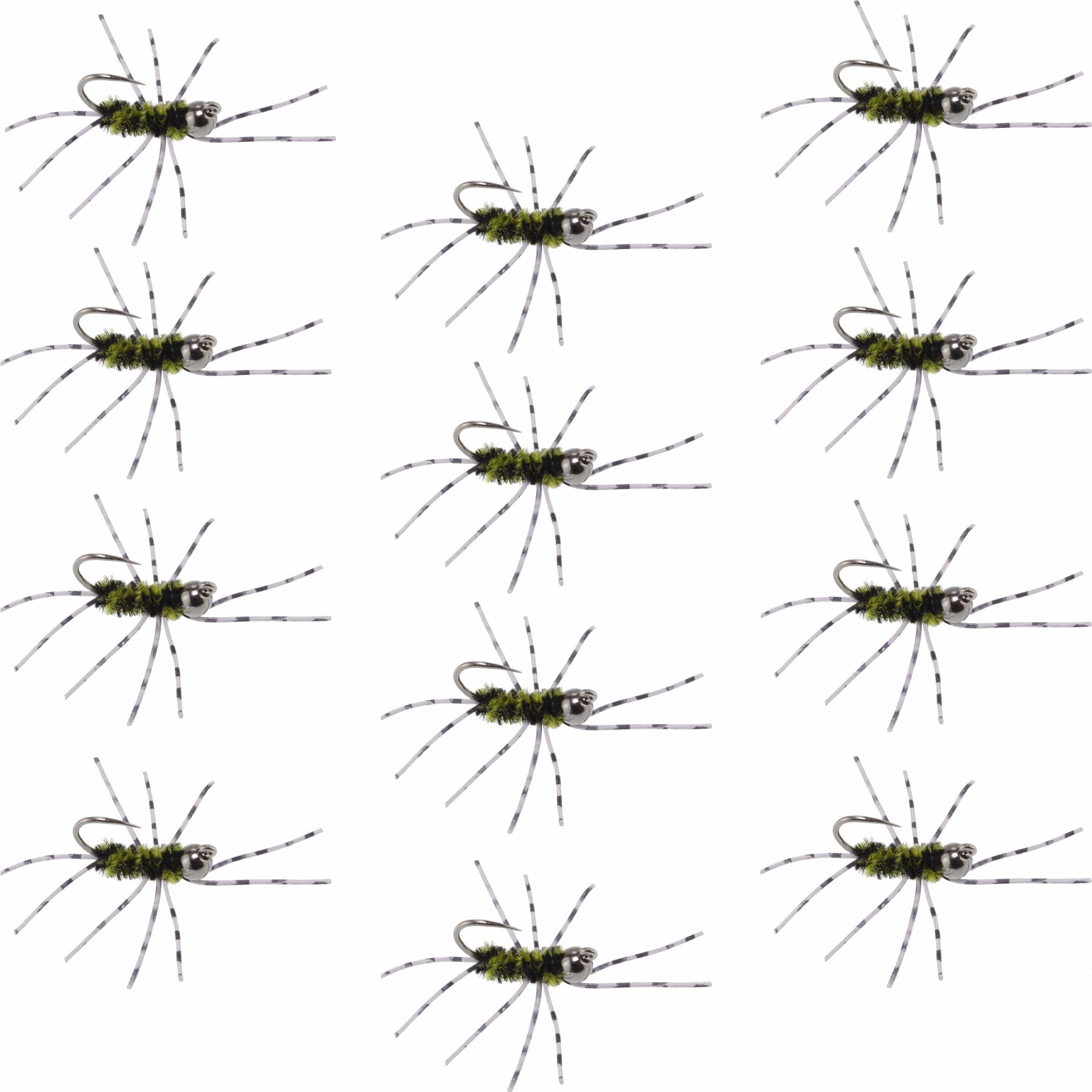 The Fly Fishing Place Trout Wet Flies Barbless Pat's Barred Rubber Legs Tungsten Bead Jigged Black/Olive Euro Nymph  - Set of 12 Flies Hook Size 6