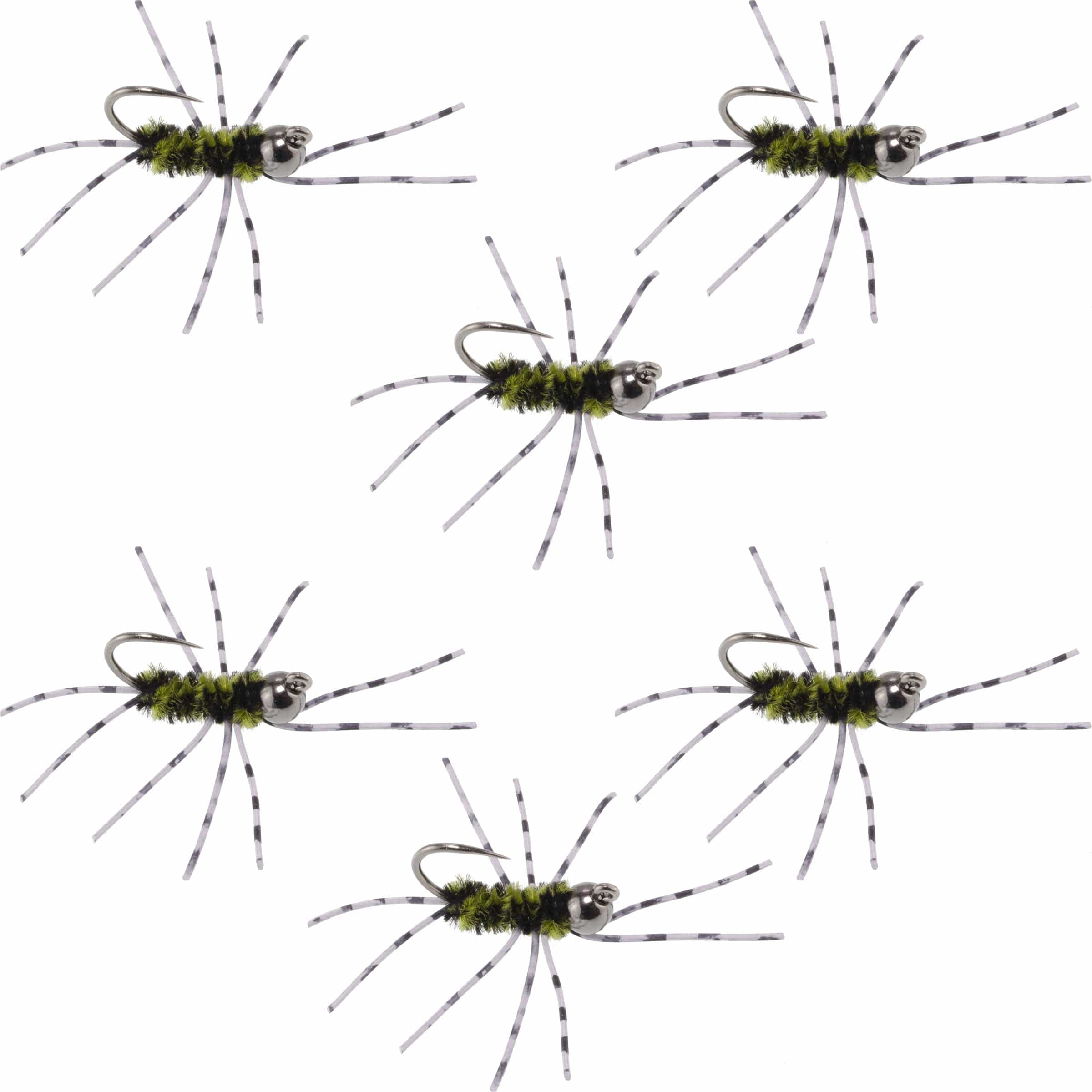 The Fly Fishing Place Trout Wet Flies Barbless Pat's Barred Rubber Legs Tungsten Bead Jigged Black/Olive Euro Nymph  - Set of 6 Flies Hook Size 6