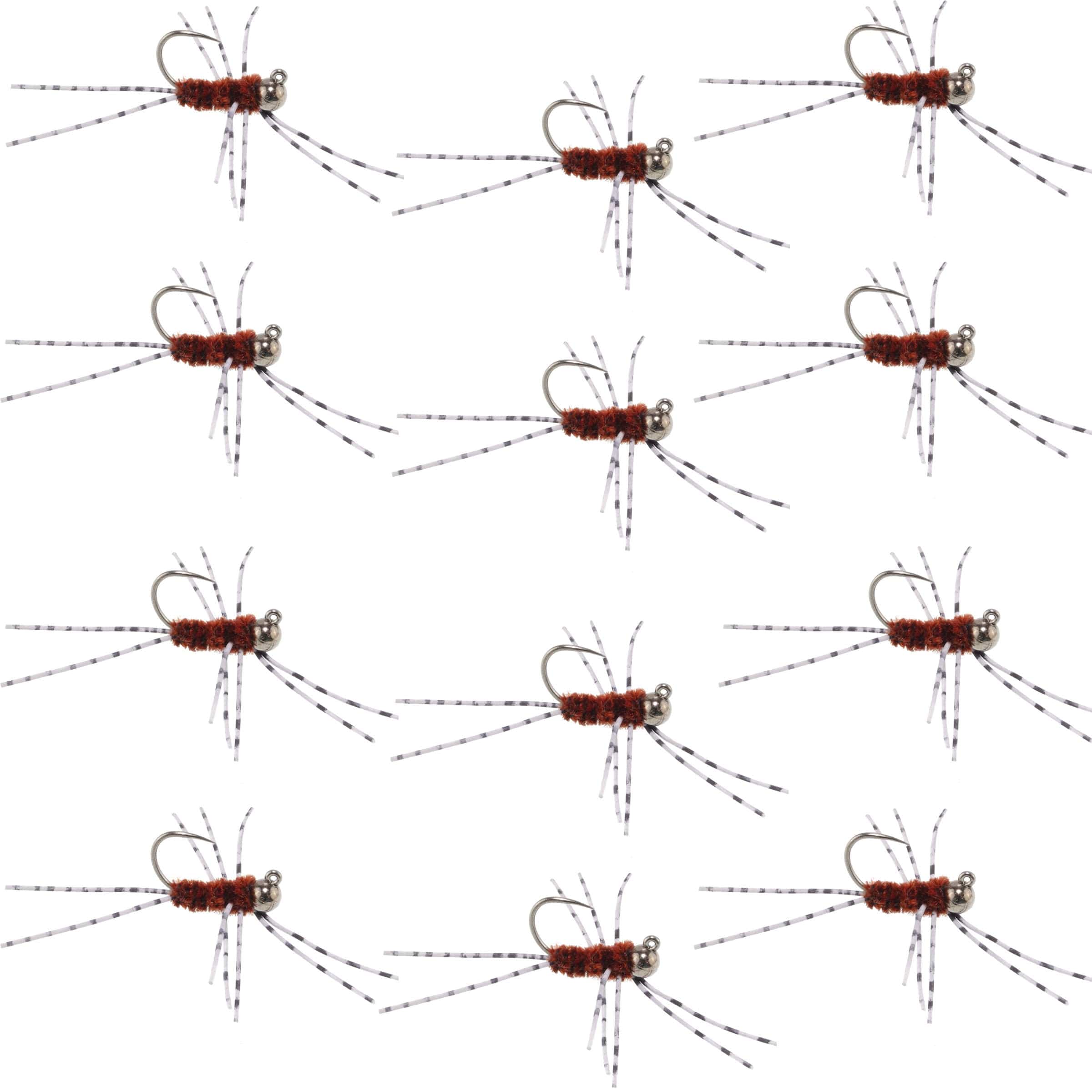 The Fly Fishing Place Trout Wet Flies Barbless Pat's Barred Rubber Legs Tungsten Bead Jigged Brown Euro Nymph  - Set of 12 Flies Hook Size 6