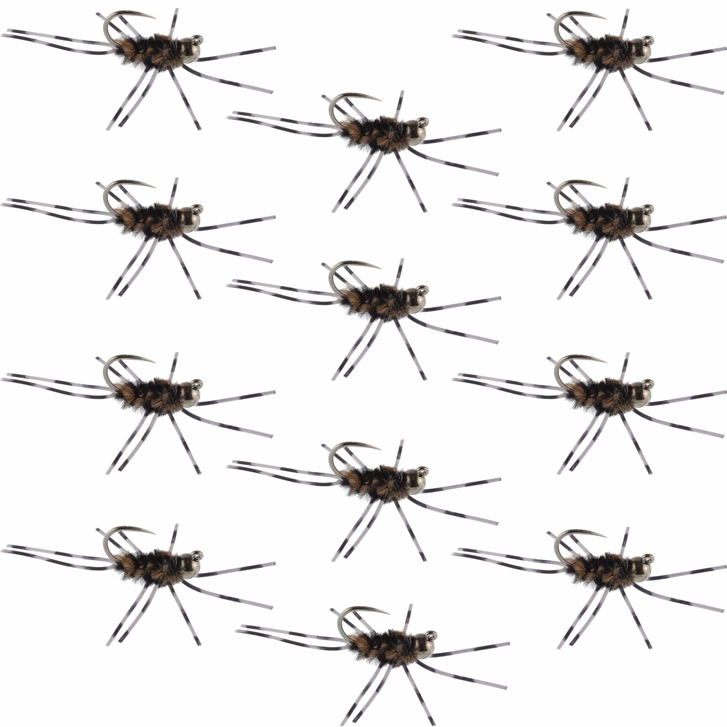 The Fly Fishing Place Trout Wet Flies Barbless Pat's Barred Rubber Legs Tungsten Bead Jigged Coffee/Black Euro Nymph  - Set of 12 Flies Hook Size 6
