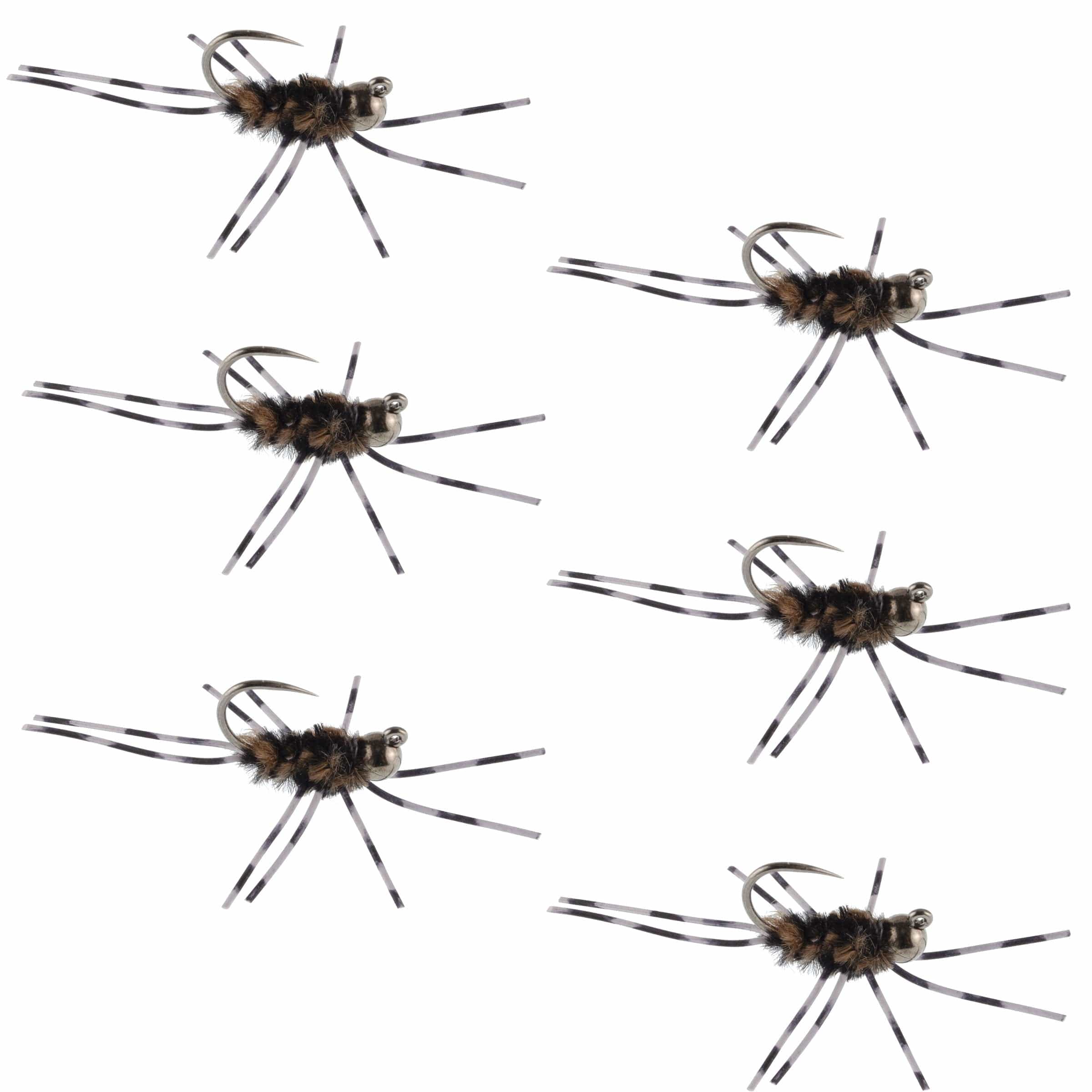 The Fly Fishing Place Trout Wet Flies Barbless Pat's Barred Rubber Legs Tungsten Bead Jigged Coffee/Black Euro Nymph  - Set of 6 Flies Hook Size 6
