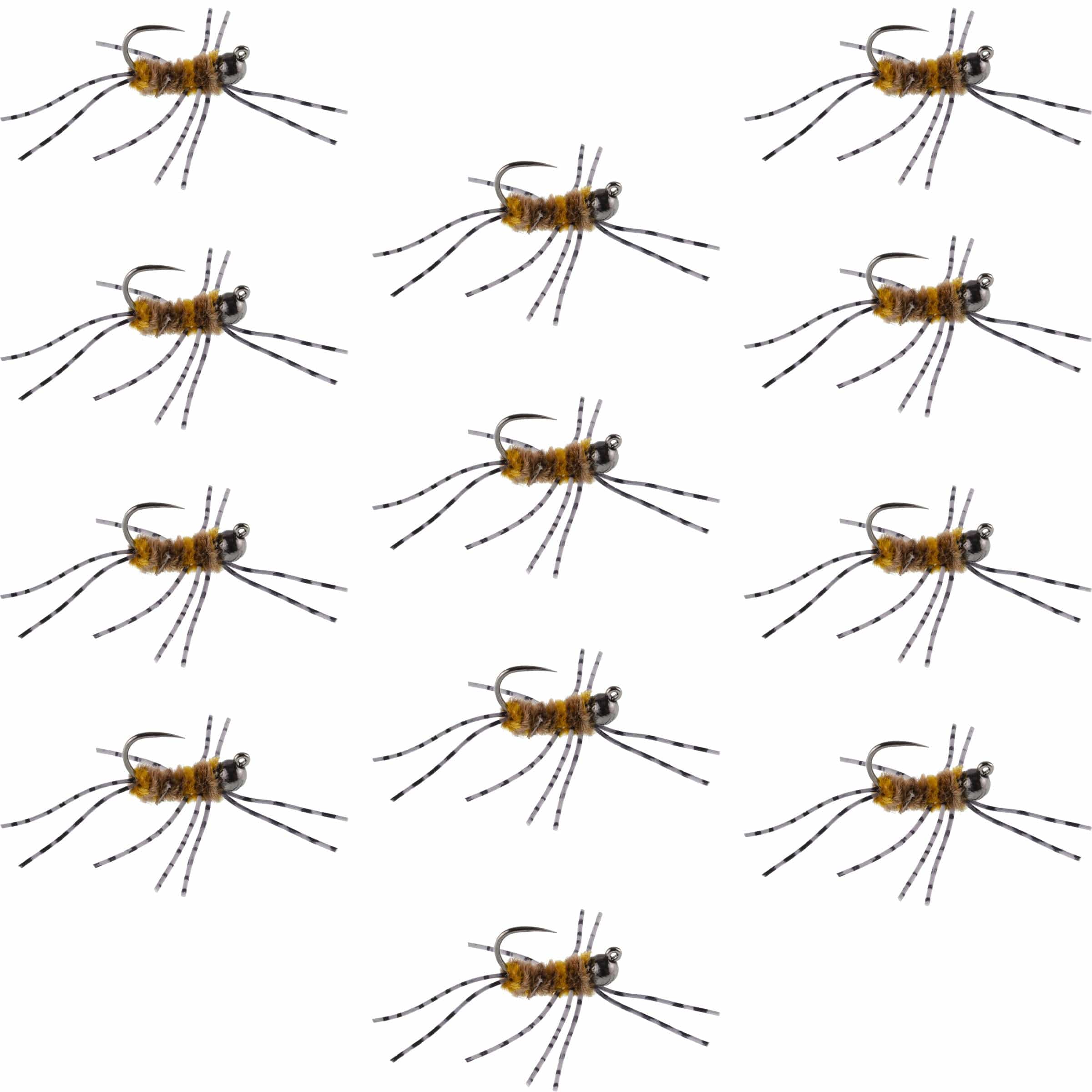 The Fly Fishing Place Trout Wet Flies Barbless Pat's Barred Rubber Legs Tungsten Bead Jigged Coffee/Tan Euro Nymph  - Set of 12 Flies Hook Size 6