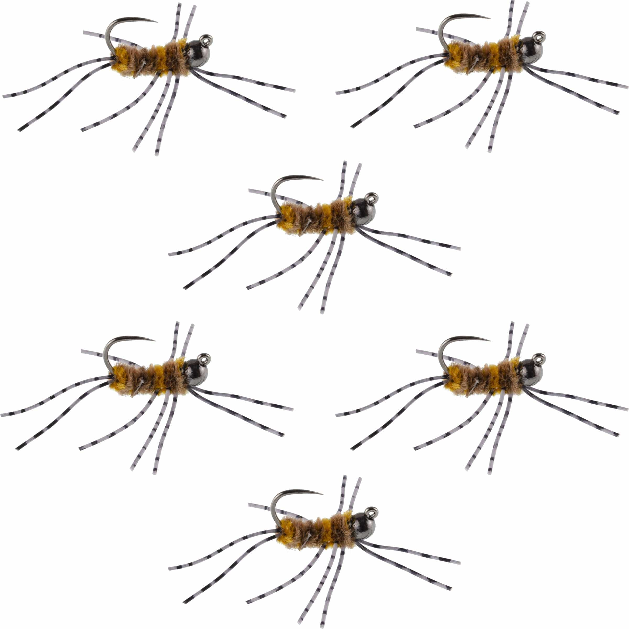 The Fly Fishing Place Trout Wet Flies Barbless Pat's Barred Rubber Legs Tungsten Bead Jigged Coffee/Tan Euro Nymph  - Set of 6 Flies Hook Size 6