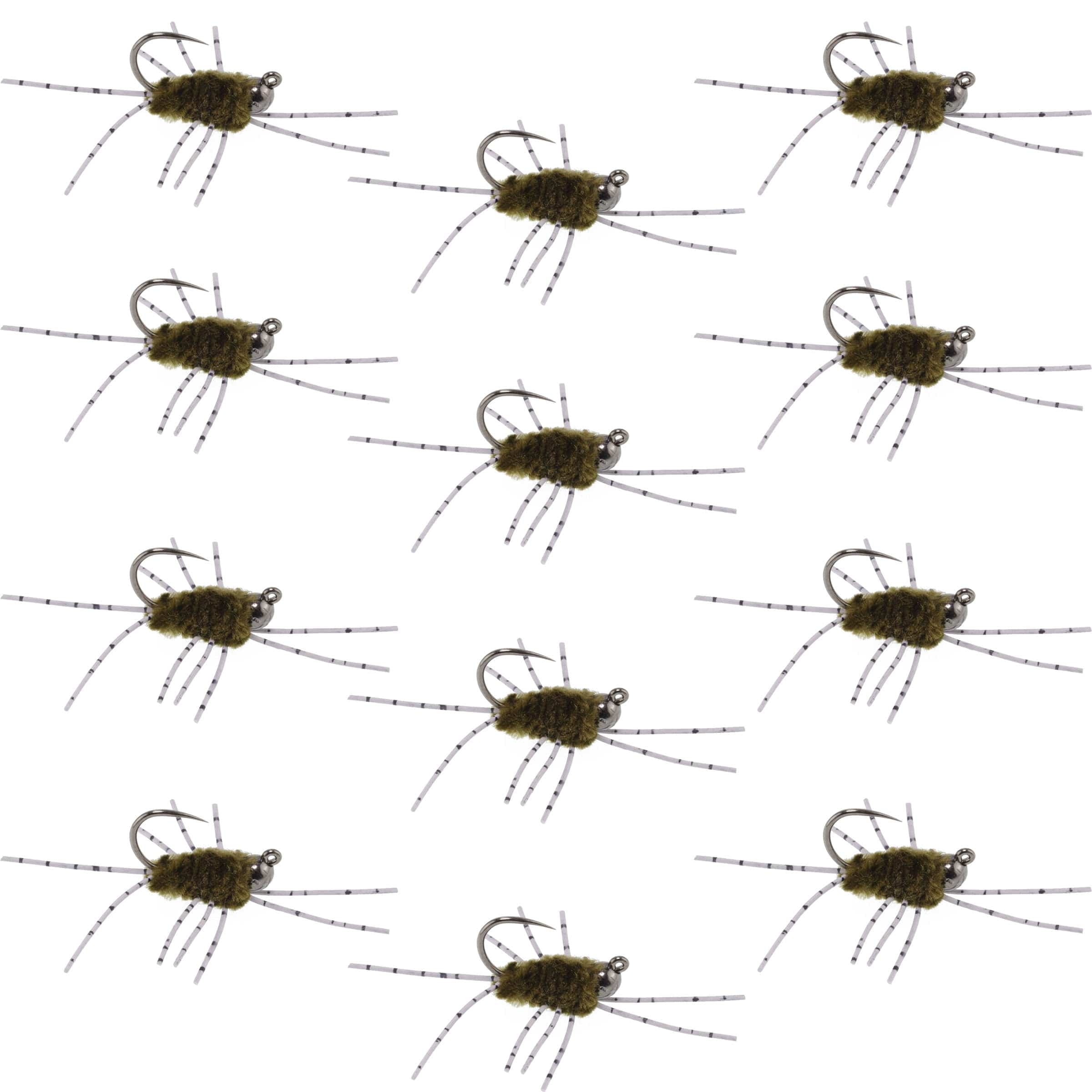 The Fly Fishing Place Trout Wet Flies Barbless Pat's Barred Rubber Legs Tungsten Bead Jigged Dark Olive Euro Nymph  - Set of 12 Flies Hook Size 6