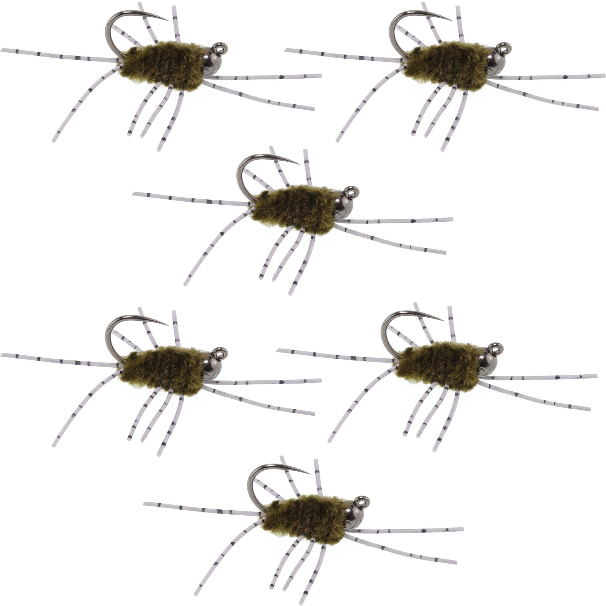 The Fly Fishing Place Trout Wet Flies Barbless Pat's Barred Rubber Legs Tungsten Bead Jigged Dark Olive Euro Nymph  - Set of 6 Flies Hook Size 6