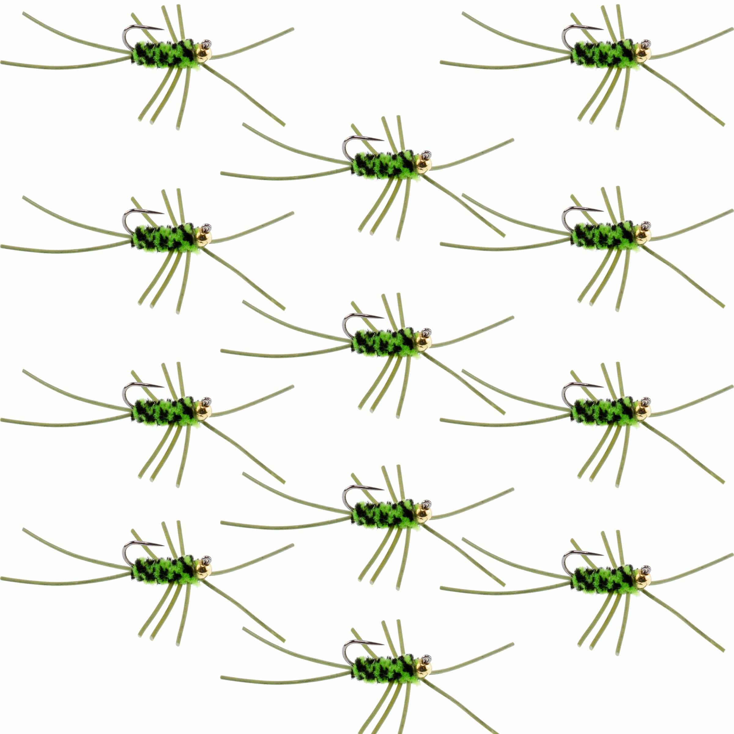The Fly Fishing Place Trout Wet Flies Barbless Pat's Rubber Legs Tungsten Bead Jigged Black/Chartreuse Euro Nymph  - Set of 12 Flies Hook Size 10