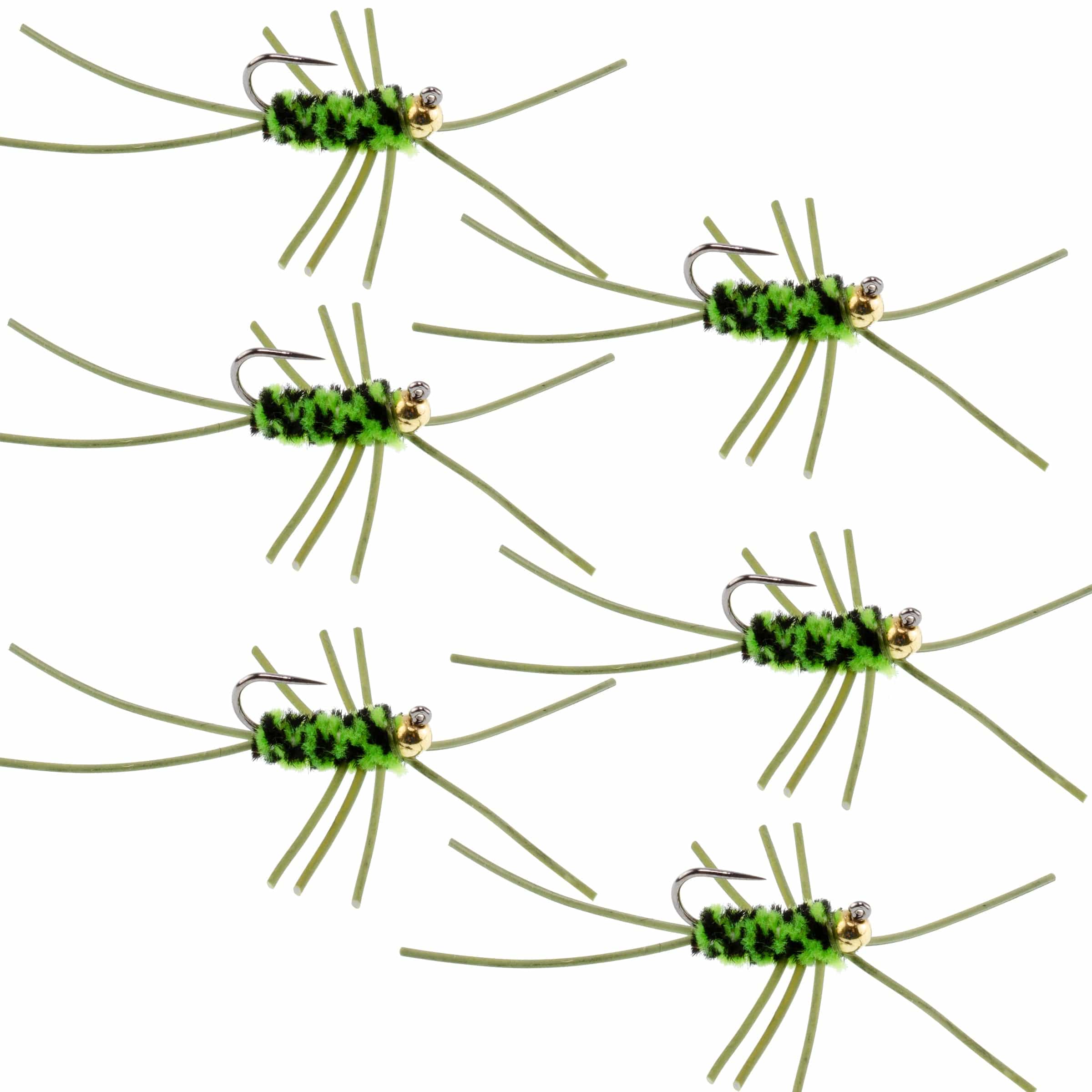 The Fly Fishing Place Trout Wet Flies Barbless Pat's Rubber Legs Tungsten Bead Jigged Black/Chartreuse Euro Nymph  - Set of 6 Flies Hook Size 10