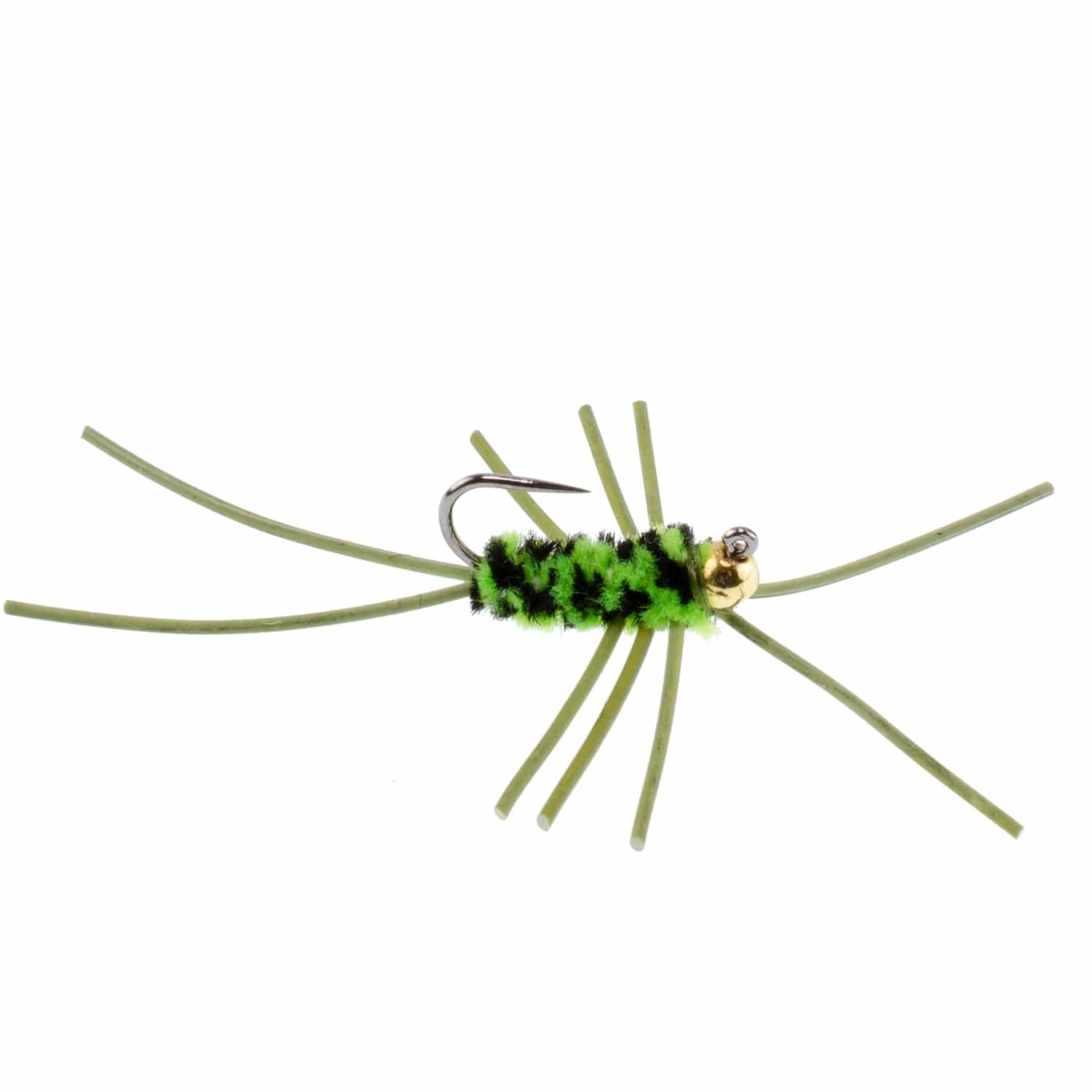 The Fly Fishing Place Trout Wet Flies Barbless Pat's Rubber Legs Tungsten Bead Jigged Black/Chartreuse Euro Nymph  - Set of 6 Flies Hook Size 10