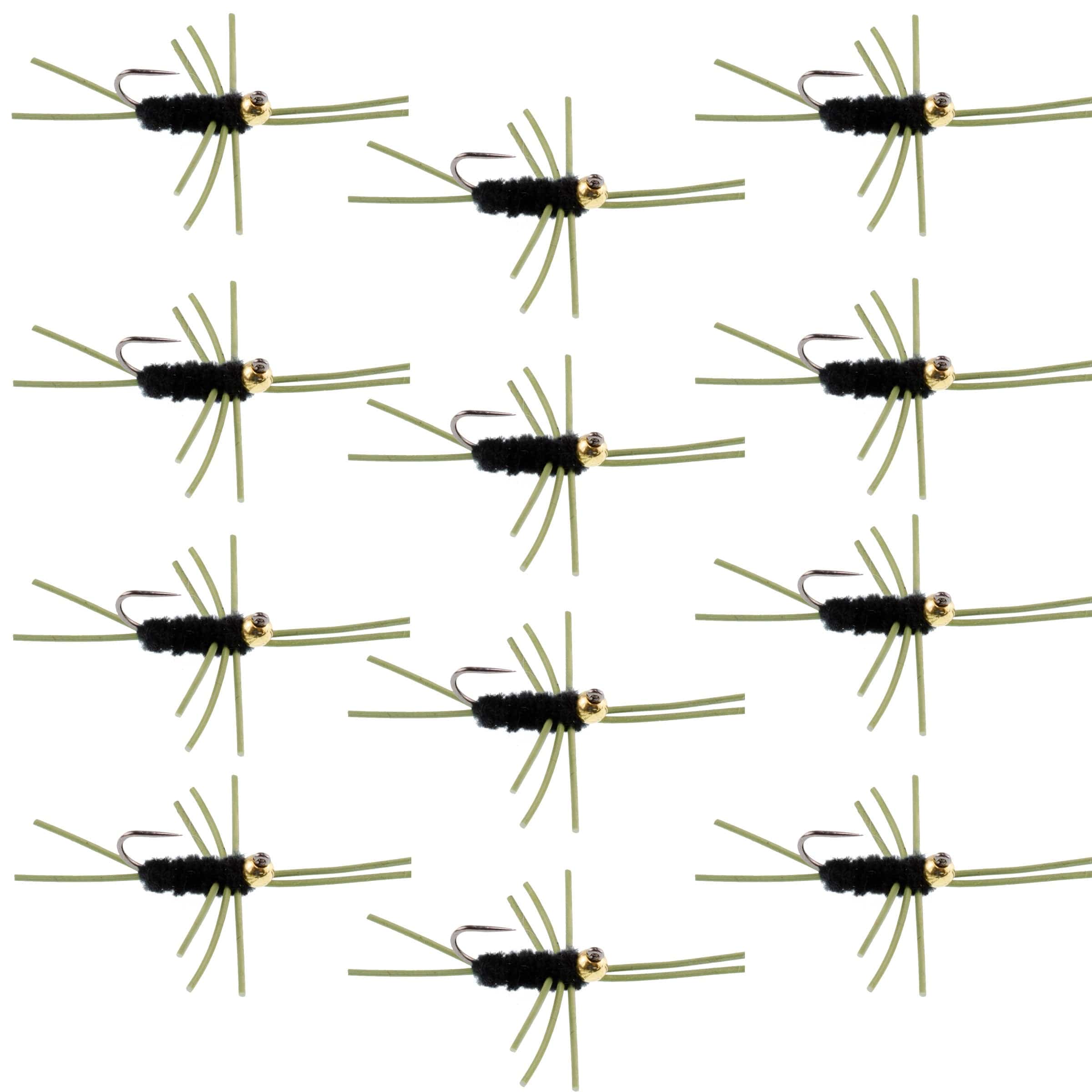 The Fly Fishing Place Trout Wet Flies Barbless Pat's Rubber Legs Tungsten Bead Jigged Black Euro Nymph  - Set of 12 Flies Hook Size 10