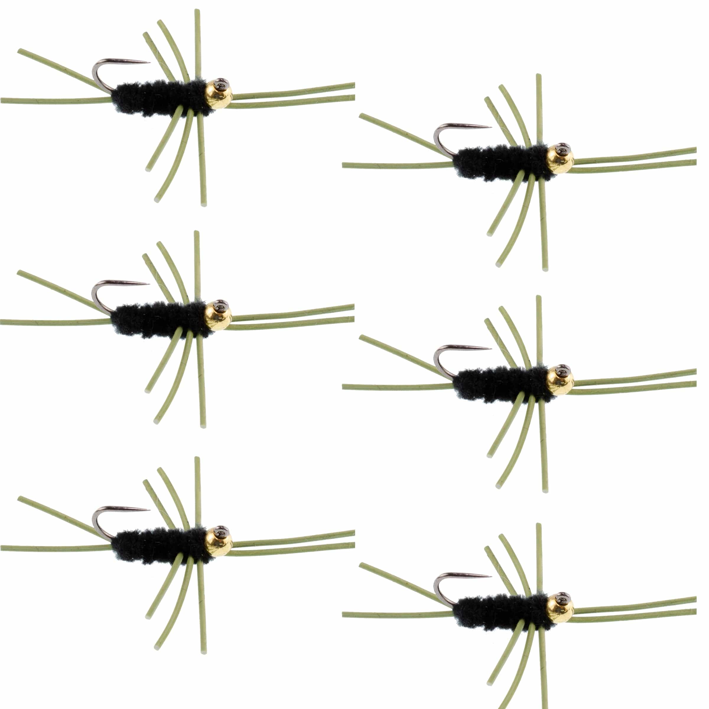 The Fly Fishing Place Trout Wet Flies Barbless Pat's Rubber Legs Tungsten Bead Jigged Black Euro Nymph  - Set of 6 Flies Hook Size 10