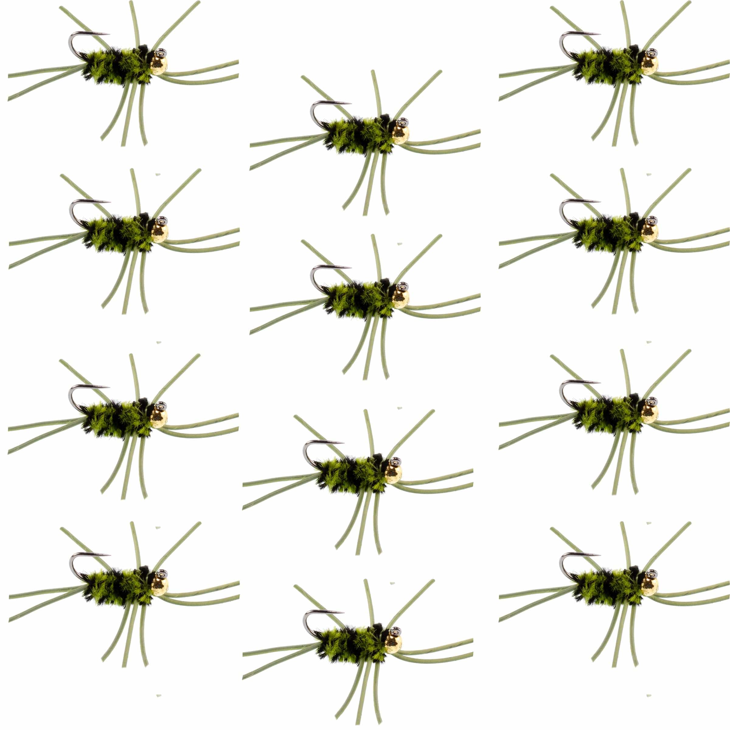 The Fly Fishing Place Trout Wet Flies Barbless Pat's Rubber Legs Tungsten Bead Jigged Black/Olive Euro Nymph  - Set of 12 Flies Hook Size 10